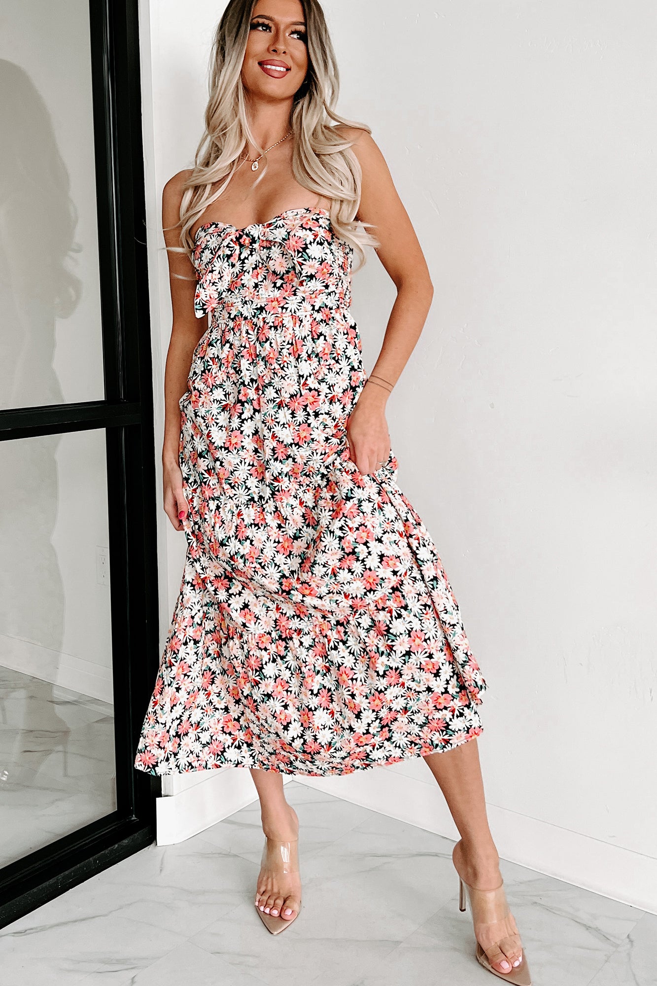 Romantic Muse Strapless Floral Midi Dress (Black/Multi)-The Formal Wear