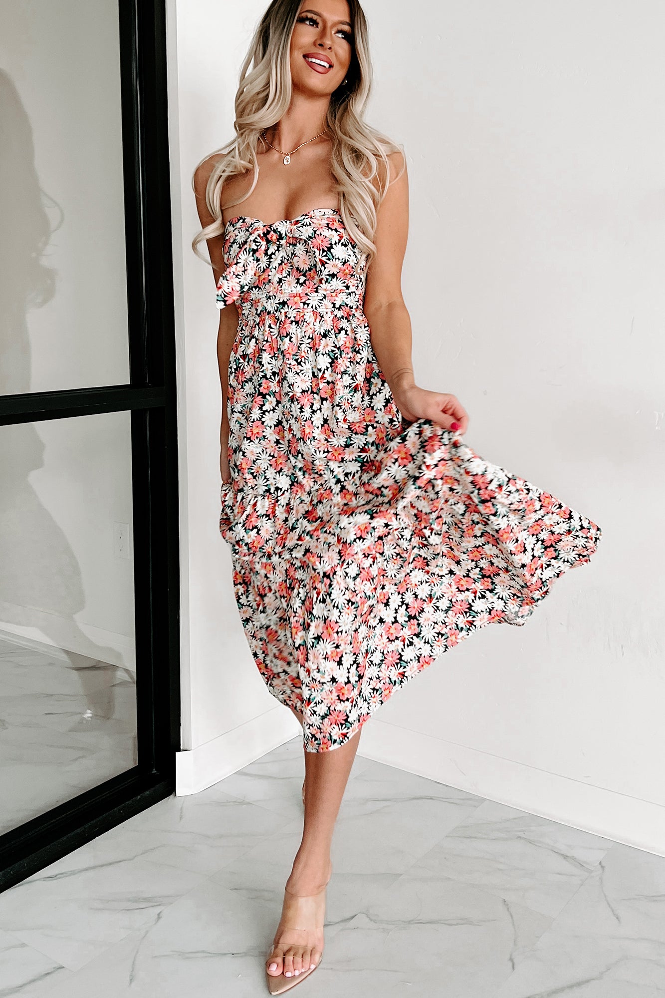 Romantic Muse Strapless Floral Midi Dress (Black/Multi)-The Formal Wear