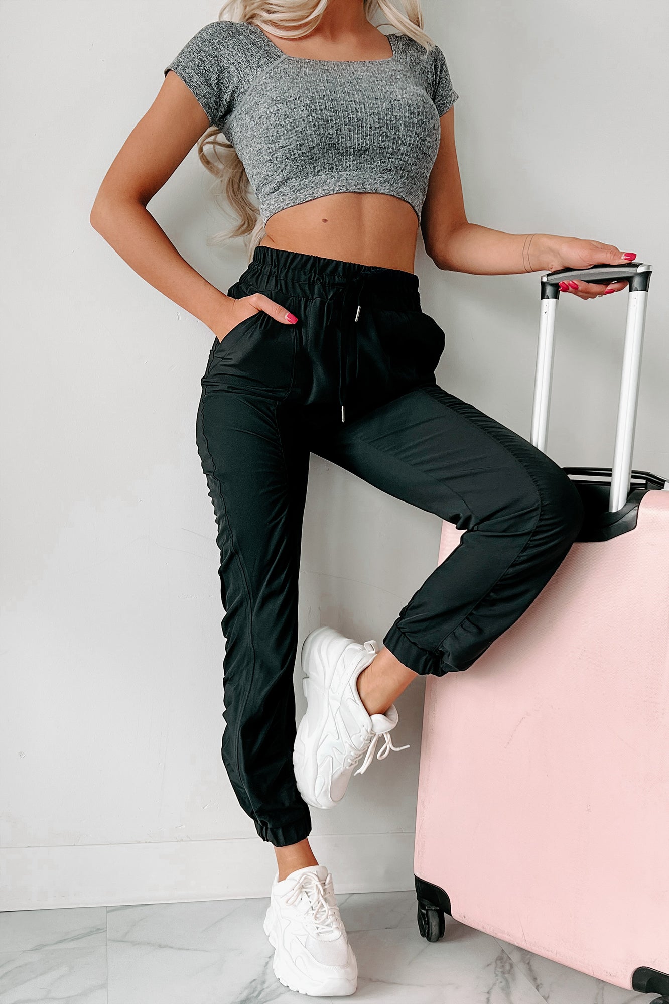Catch Me Up Ruched Joggers (Black)-The Formal Wear