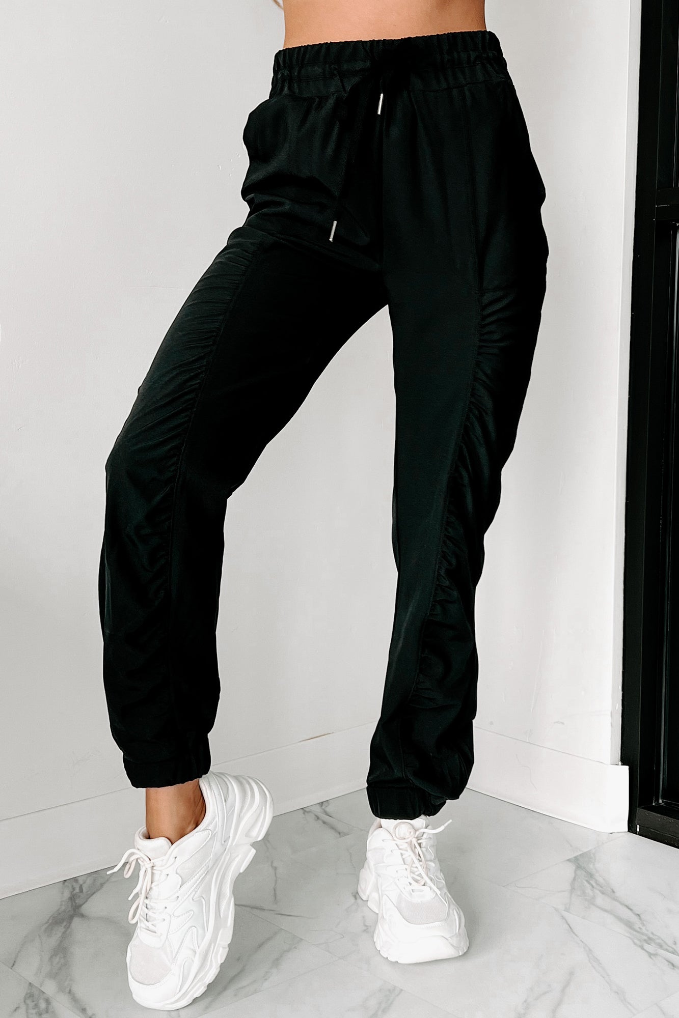 Catch Me Up Ruched Joggers (Black)-The Formal Wear