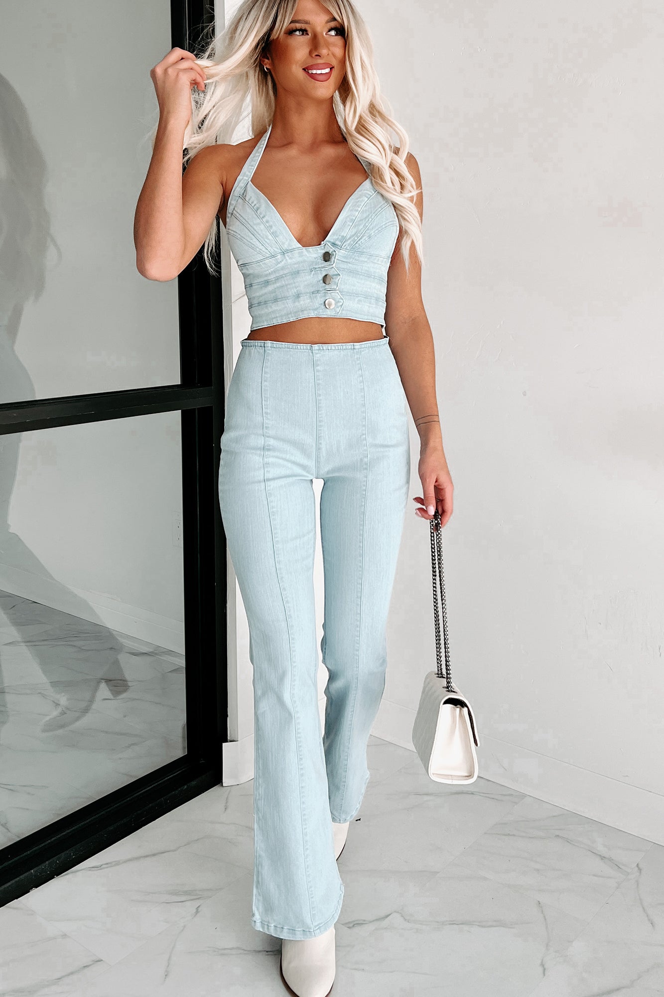 Here For The Rodeo Two Piece Denim Pant Set (Light Denim)-The Formal Wear