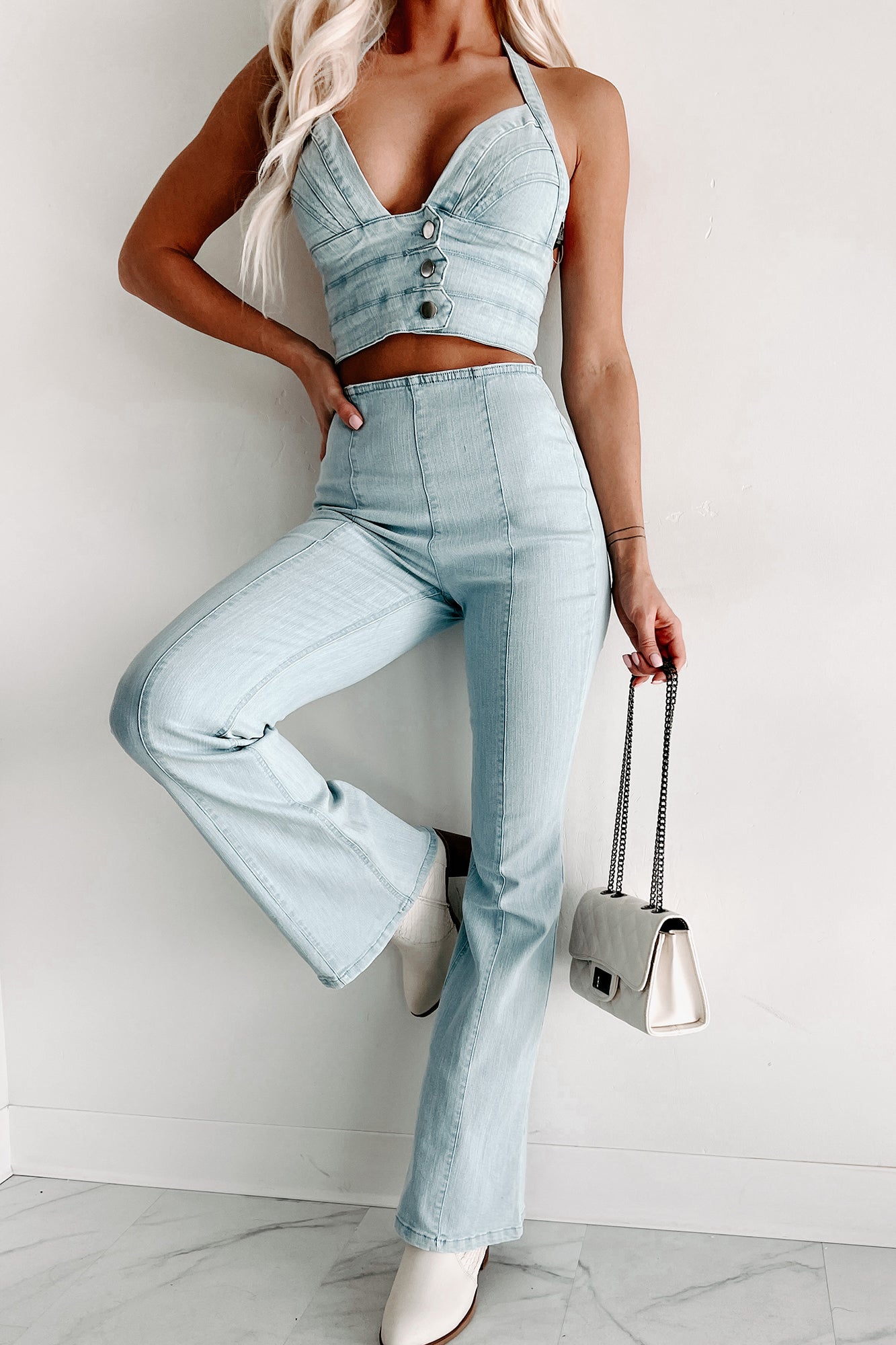 Here For The Rodeo Two Piece Denim Pant Set (Light Denim)-The Formal Wear