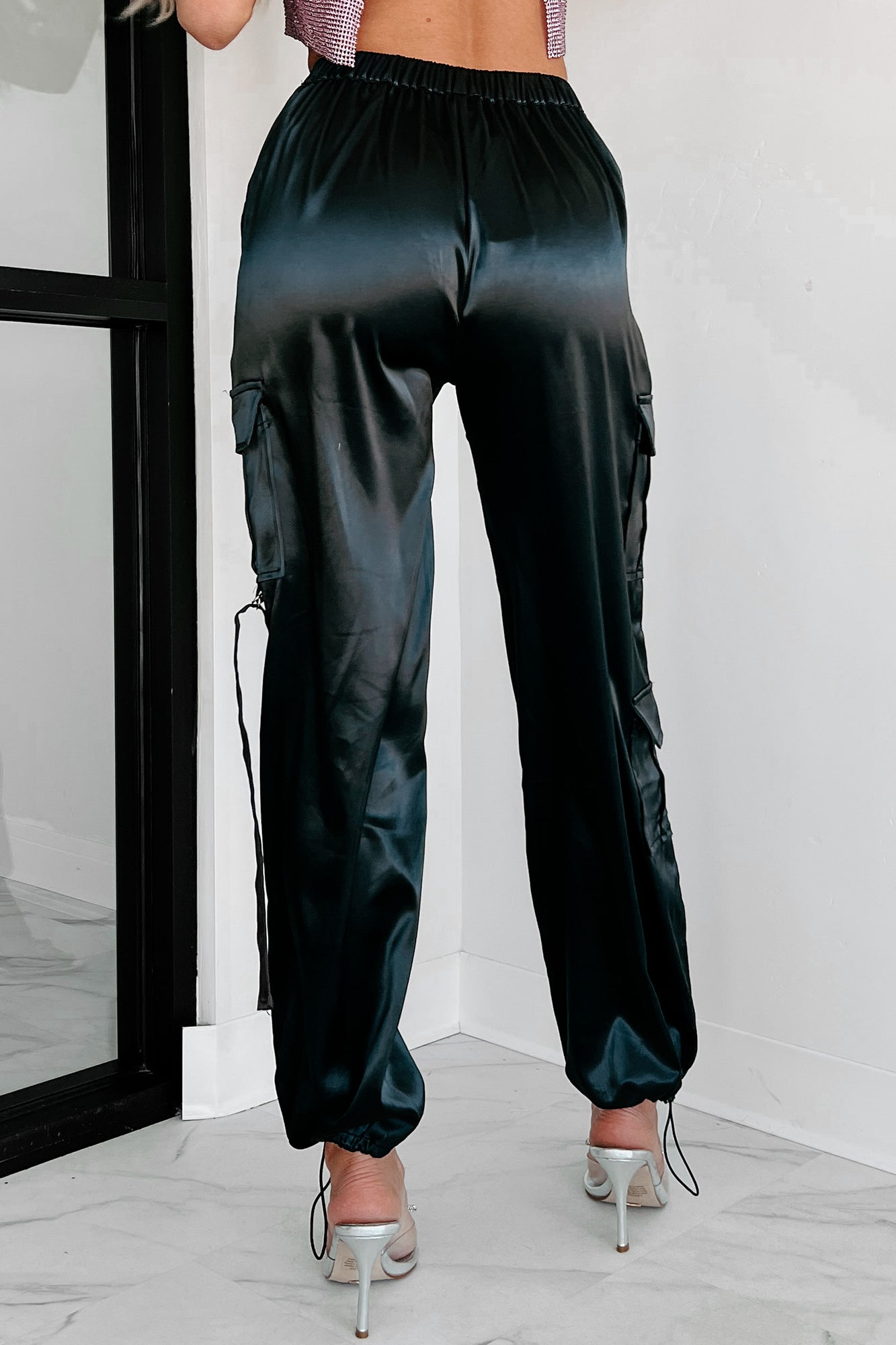 A Step Above Average Satin Cargo Pants (Black)-The Formal Wear
