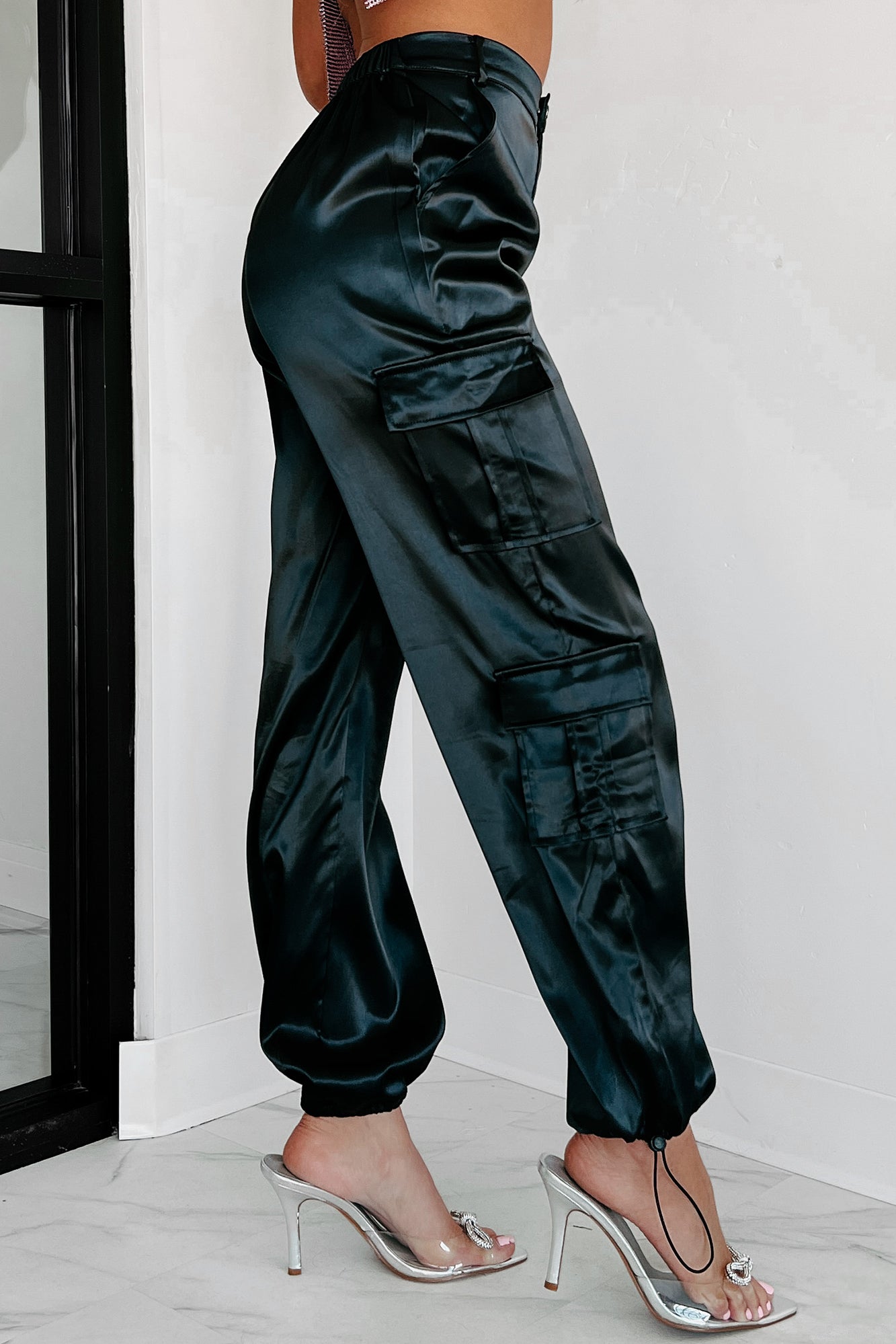 A Step Above Average Satin Cargo Pants (Black)-The Formal Wear