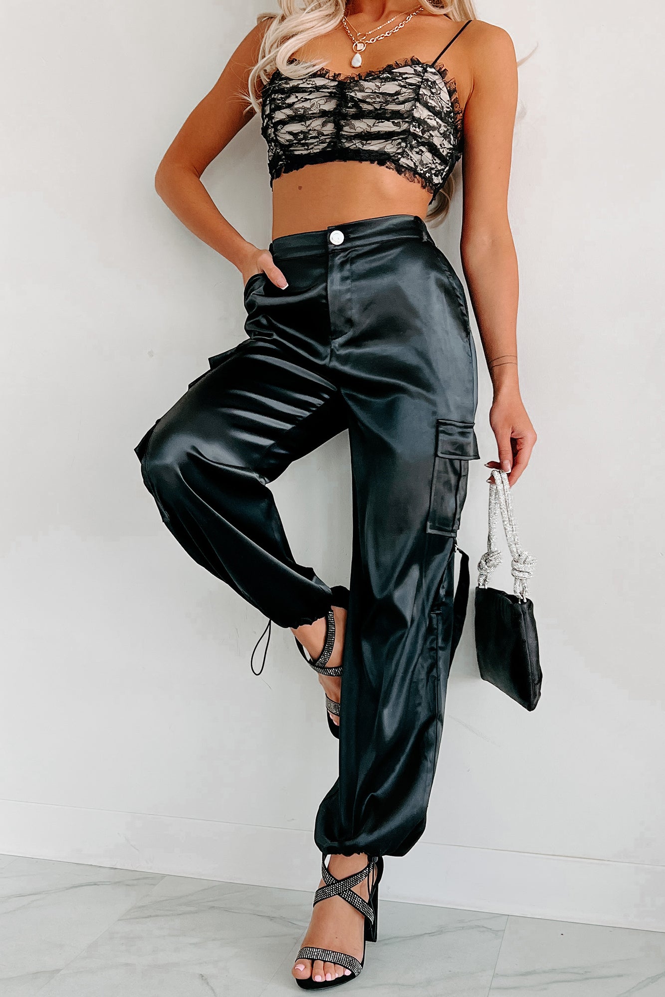 A Step Above Average Satin Cargo Pants (Black)-The Formal Wear