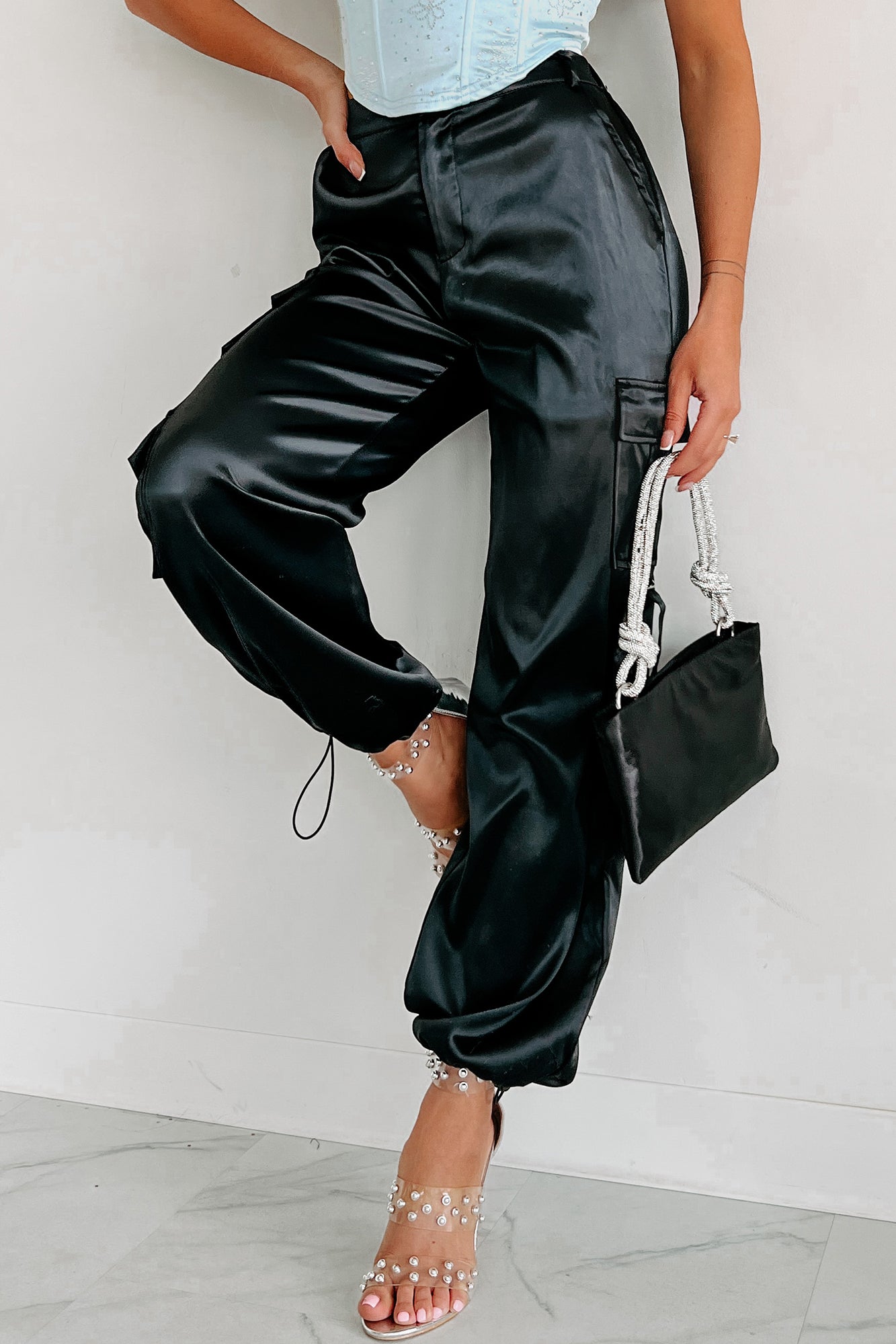 A Step Above Average Satin Cargo Pants (Black)-The Formal Wear