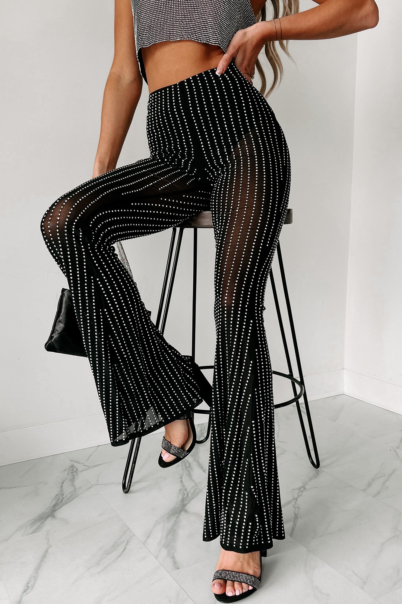 See Me Shine Mesh Rhinestone Flare Pants (Black)-The Formal Wear