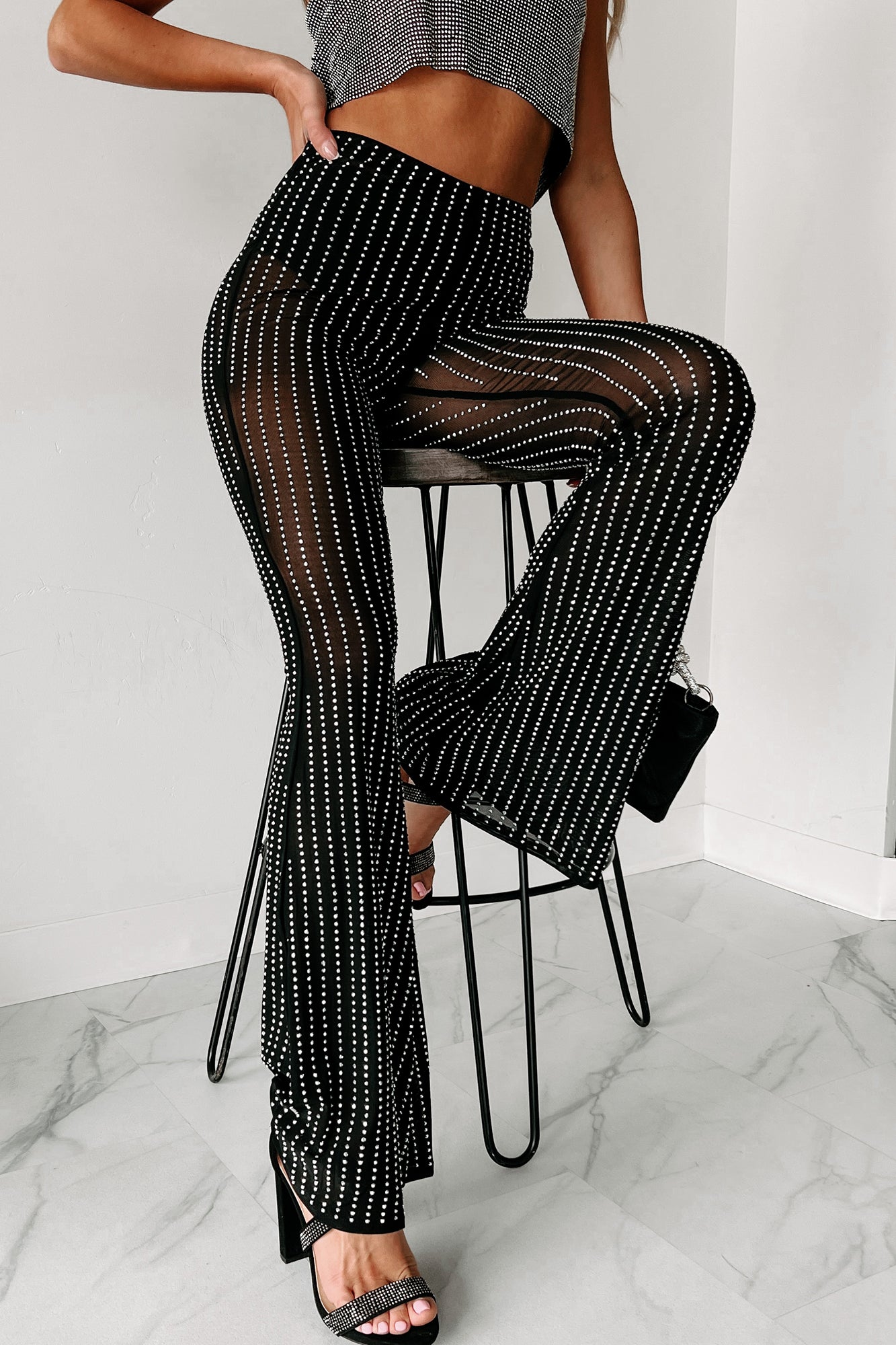 See Me Shine Mesh Rhinestone Flare Pants (Black)-The Formal Wear