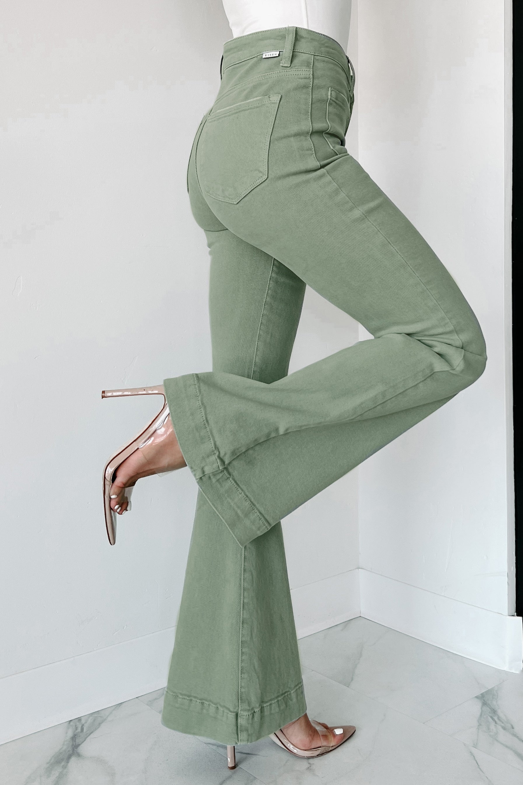 Colton Non-Distressed High Rise Risen Flare Jeans (Olive)-The Formal Wear