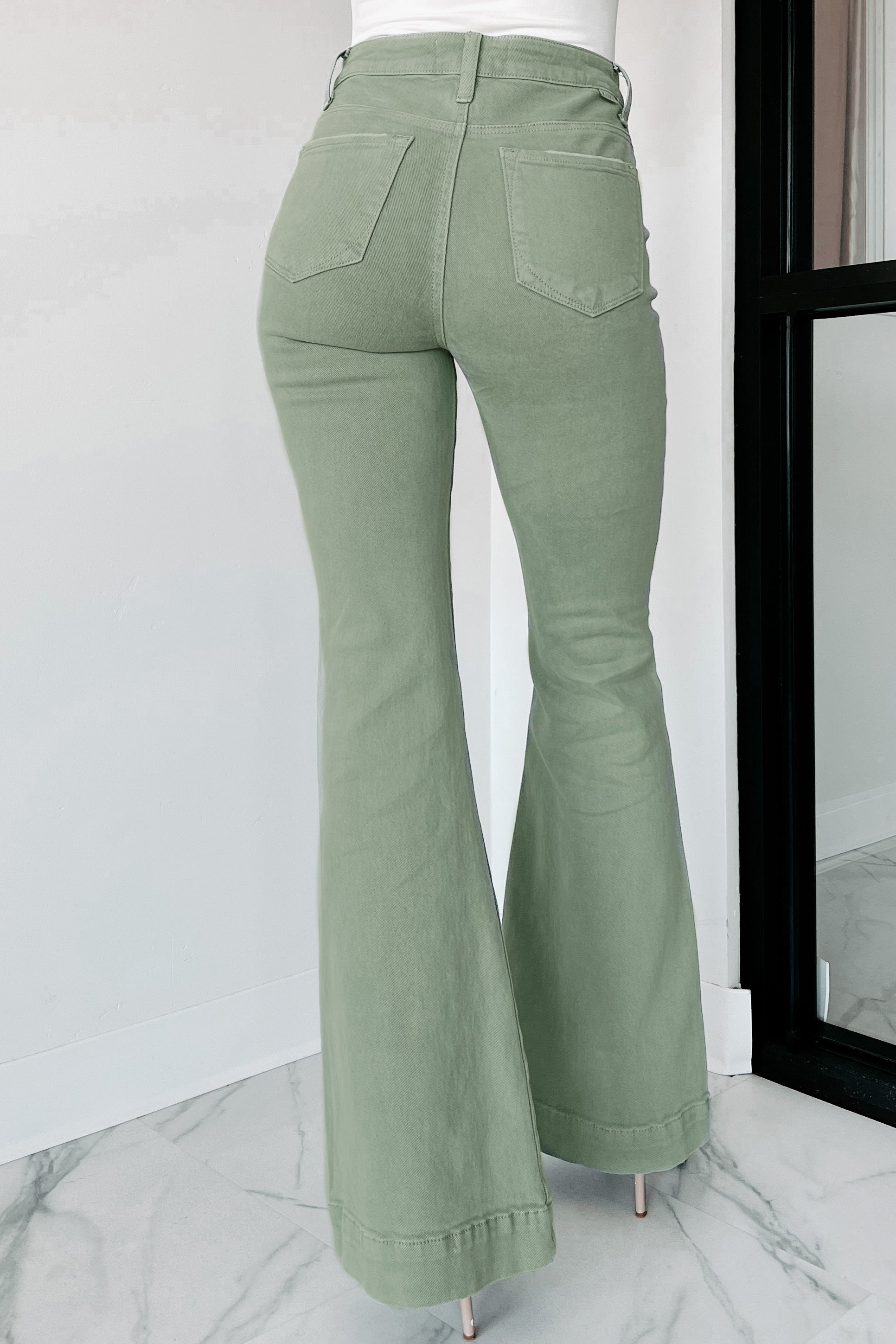 Colton Non-Distressed High Rise Risen Flare Jeans (Olive)-The Formal Wear