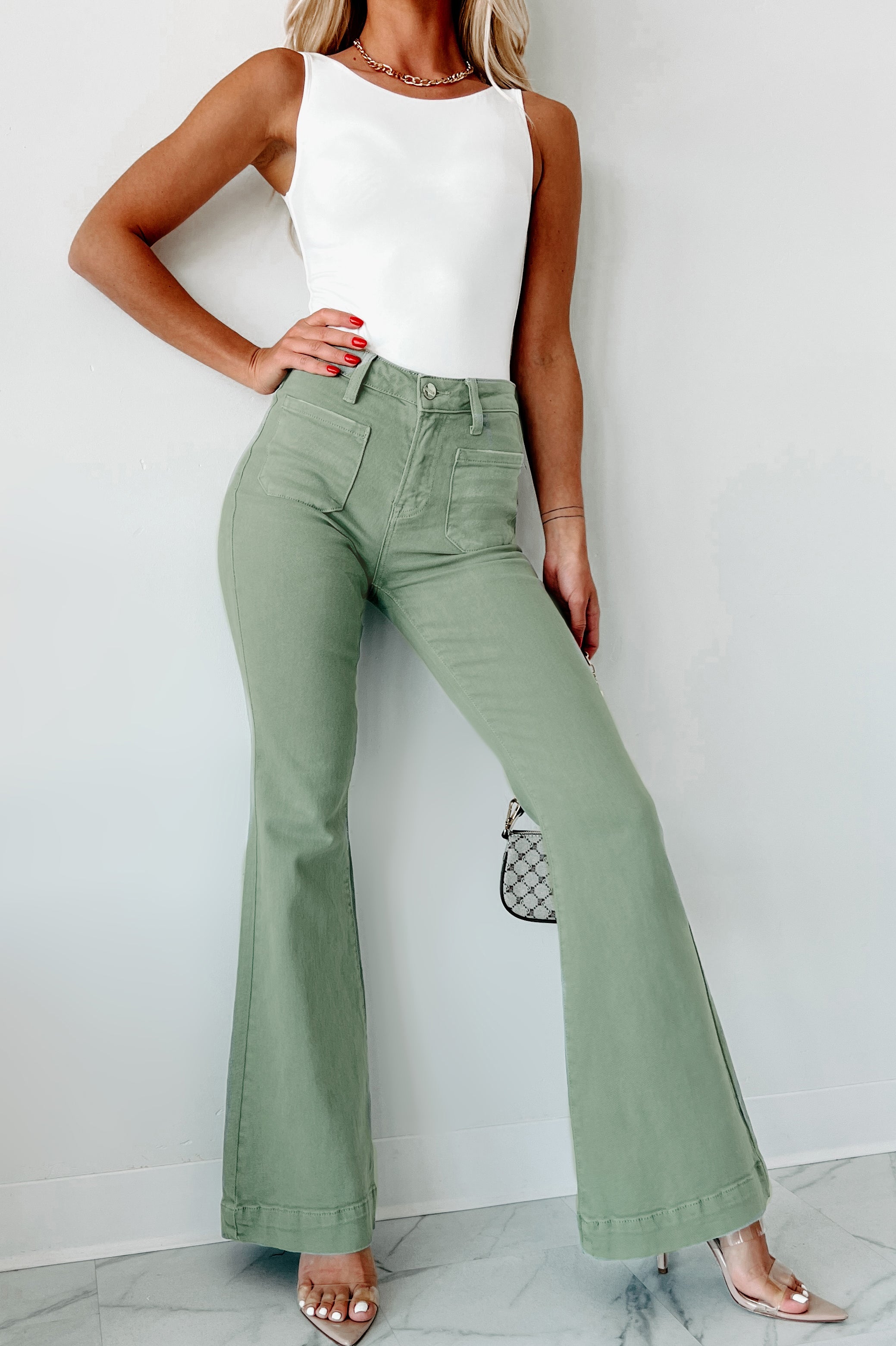 Colton Non-Distressed High Rise Risen Flare Jeans (Olive)-The Formal Wear