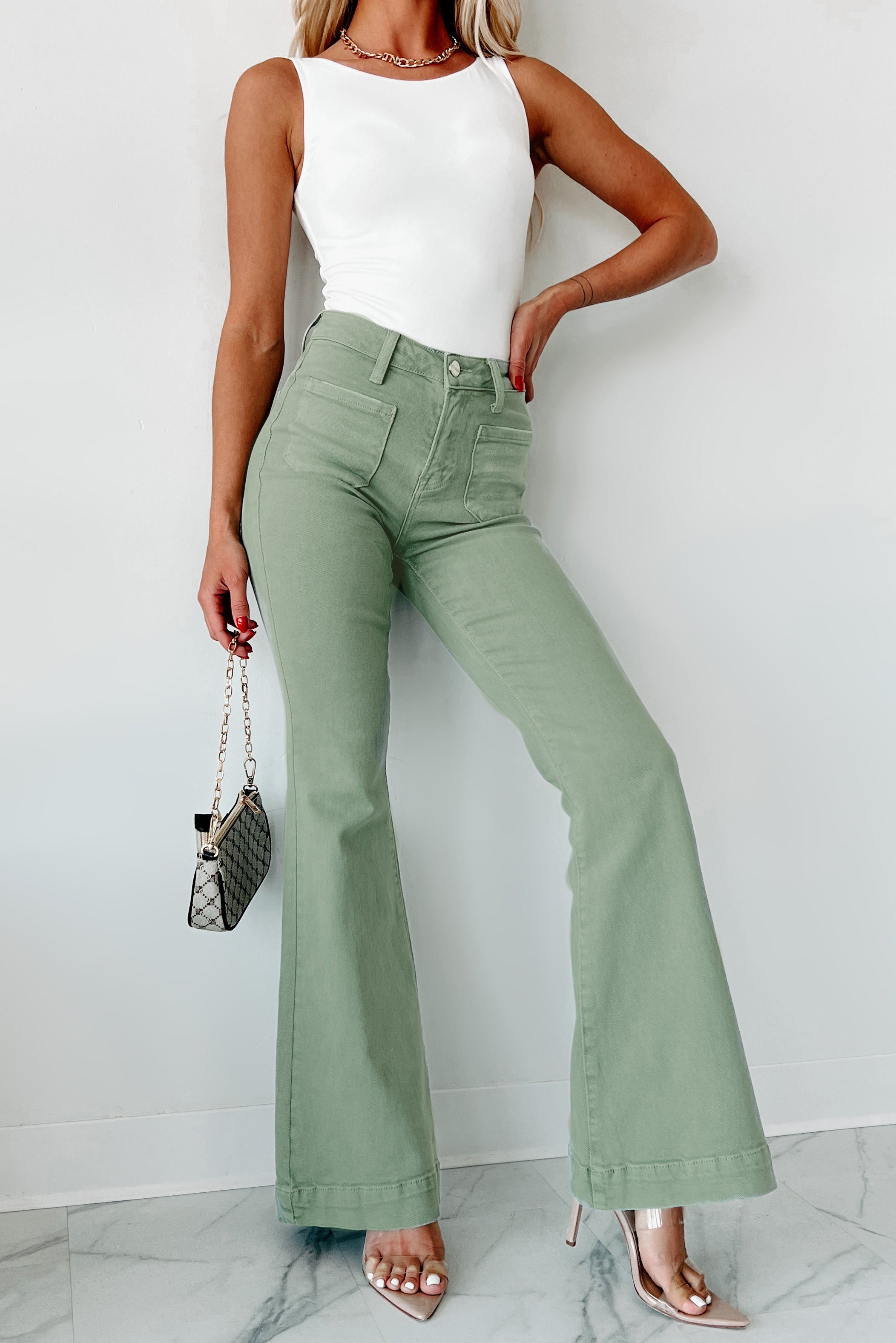 Colton Non-Distressed High Rise Risen Flare Jeans (Olive)-The Formal Wear