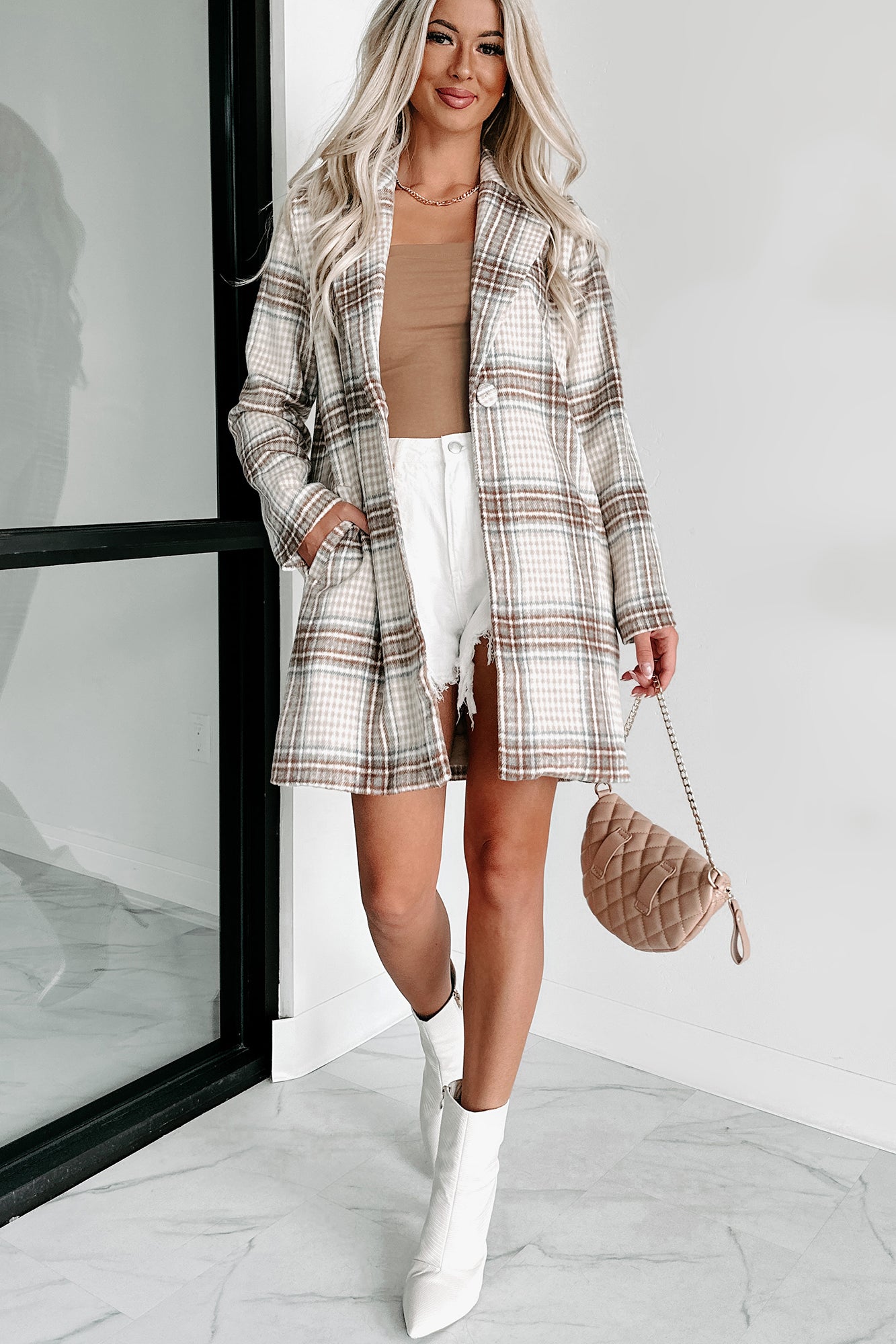 Moves Ahead Plaid Coat (Tan/Brown/Denim)-The Formal Wear