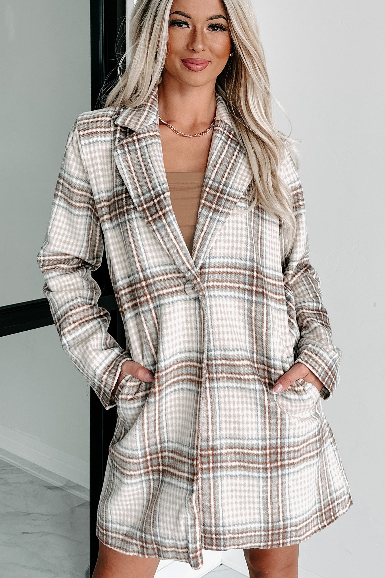 Moves Ahead Plaid Coat (Tan/Brown/Denim)-The Formal Wear