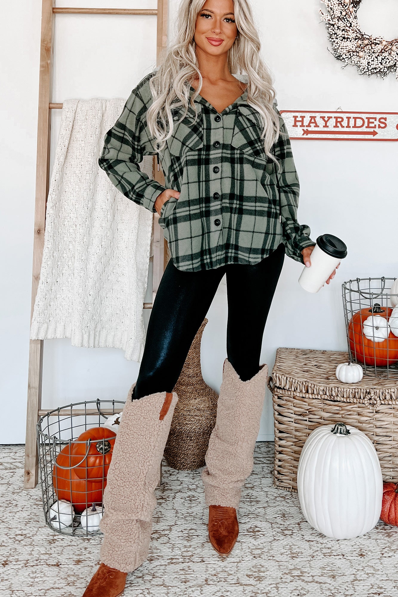 Fall Is Calling Hooded Plaid Shacket (Olive)-The Formal Wear