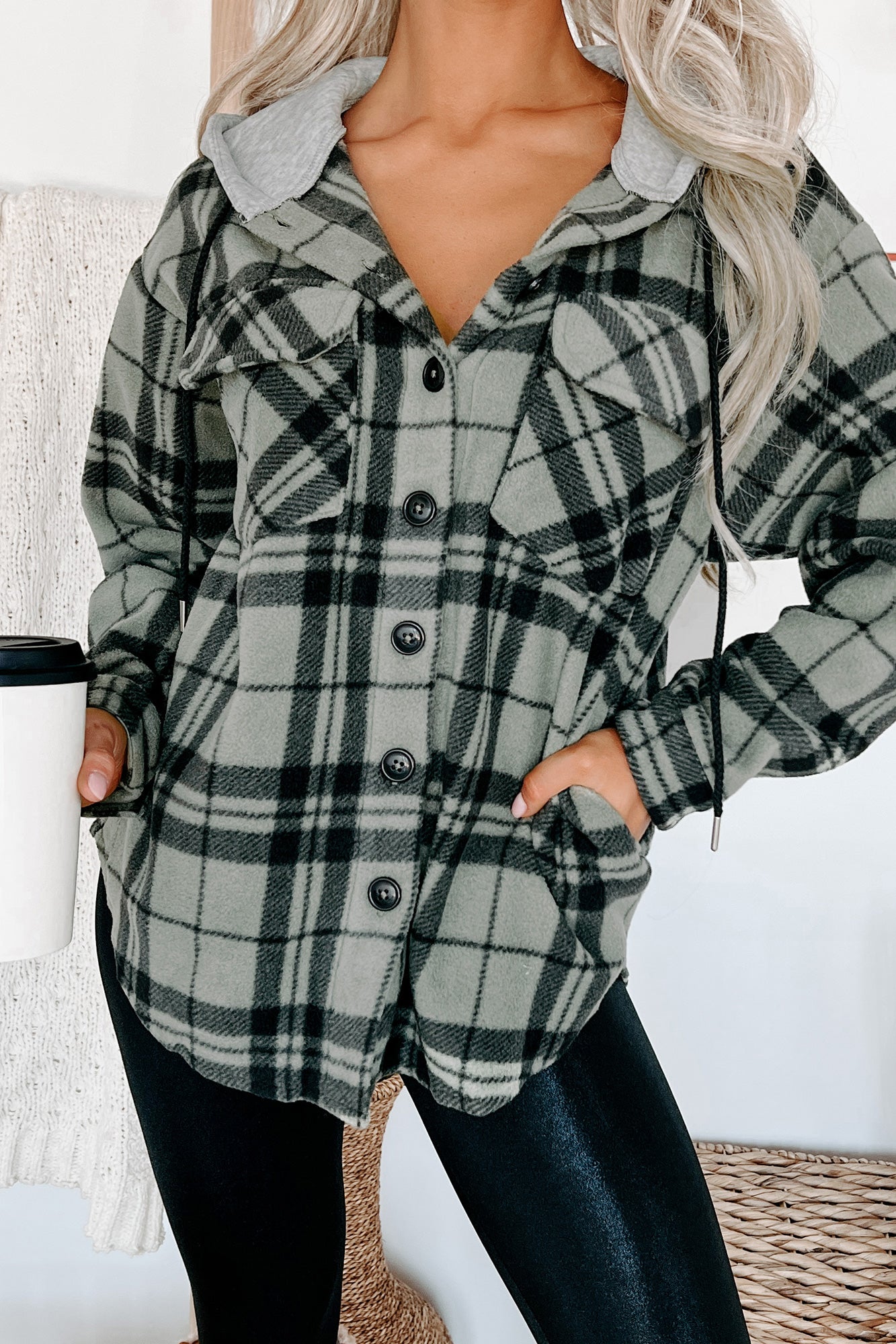 Fall Is Calling Hooded Plaid Shacket (Olive)-The Formal Wear