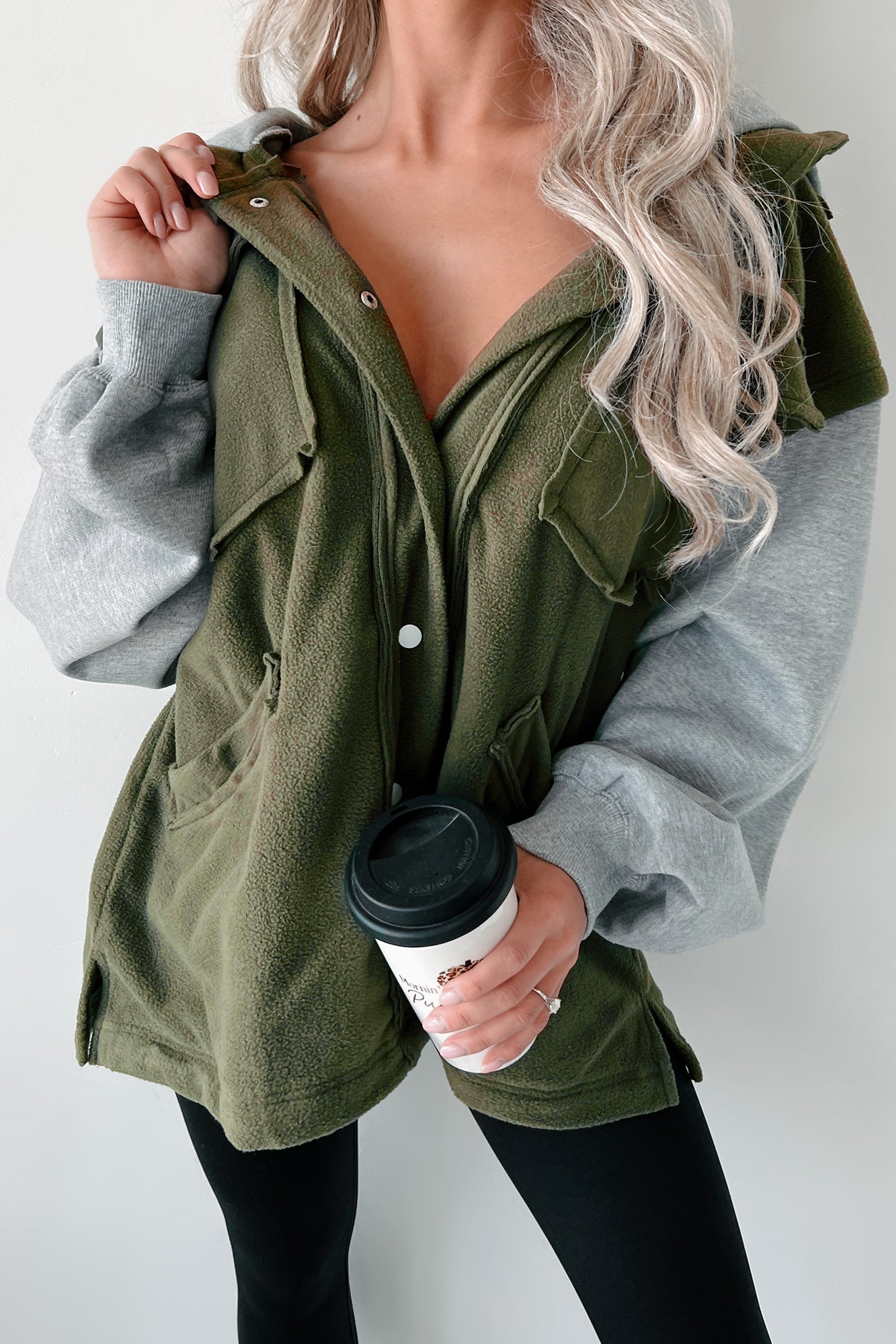 Casually Basic Oversized Fleece Hooded Jacket (Olive/Gray)-The Formal Wear