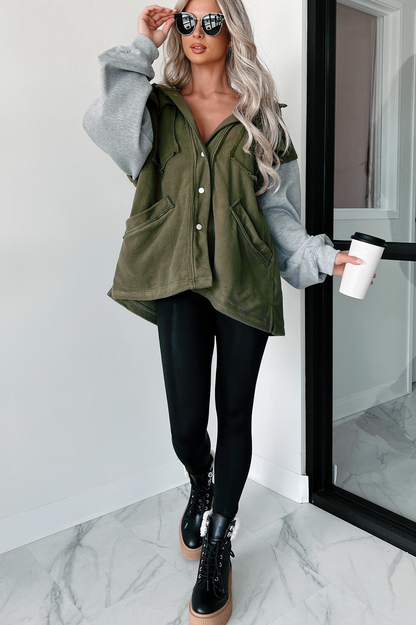 Casually Basic Oversized Fleece Hooded Jacket (Olive/Gray)-The Formal Wear