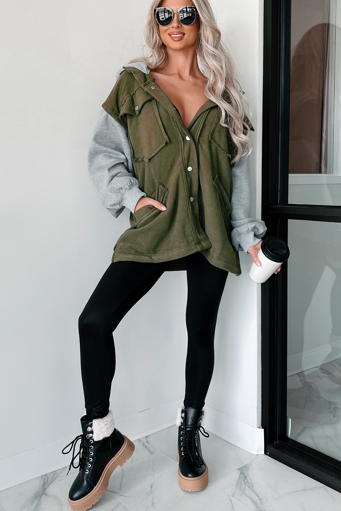 Casually Basic Oversized Fleece Hooded Jacket (Olive/Gray)-The Formal Wear