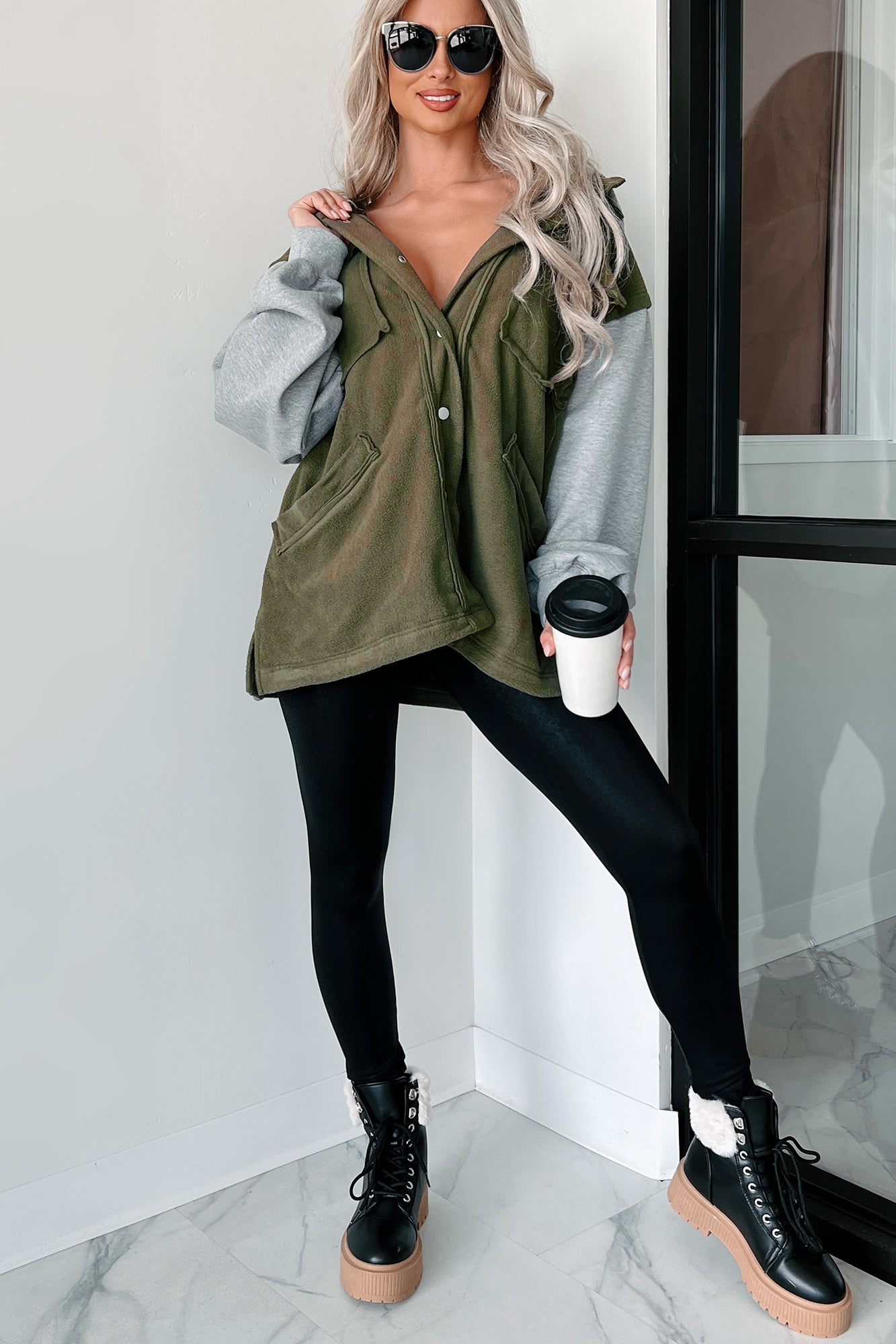 Casually Basic Oversized Fleece Hooded Jacket (Olive/Gray)-The Formal Wear