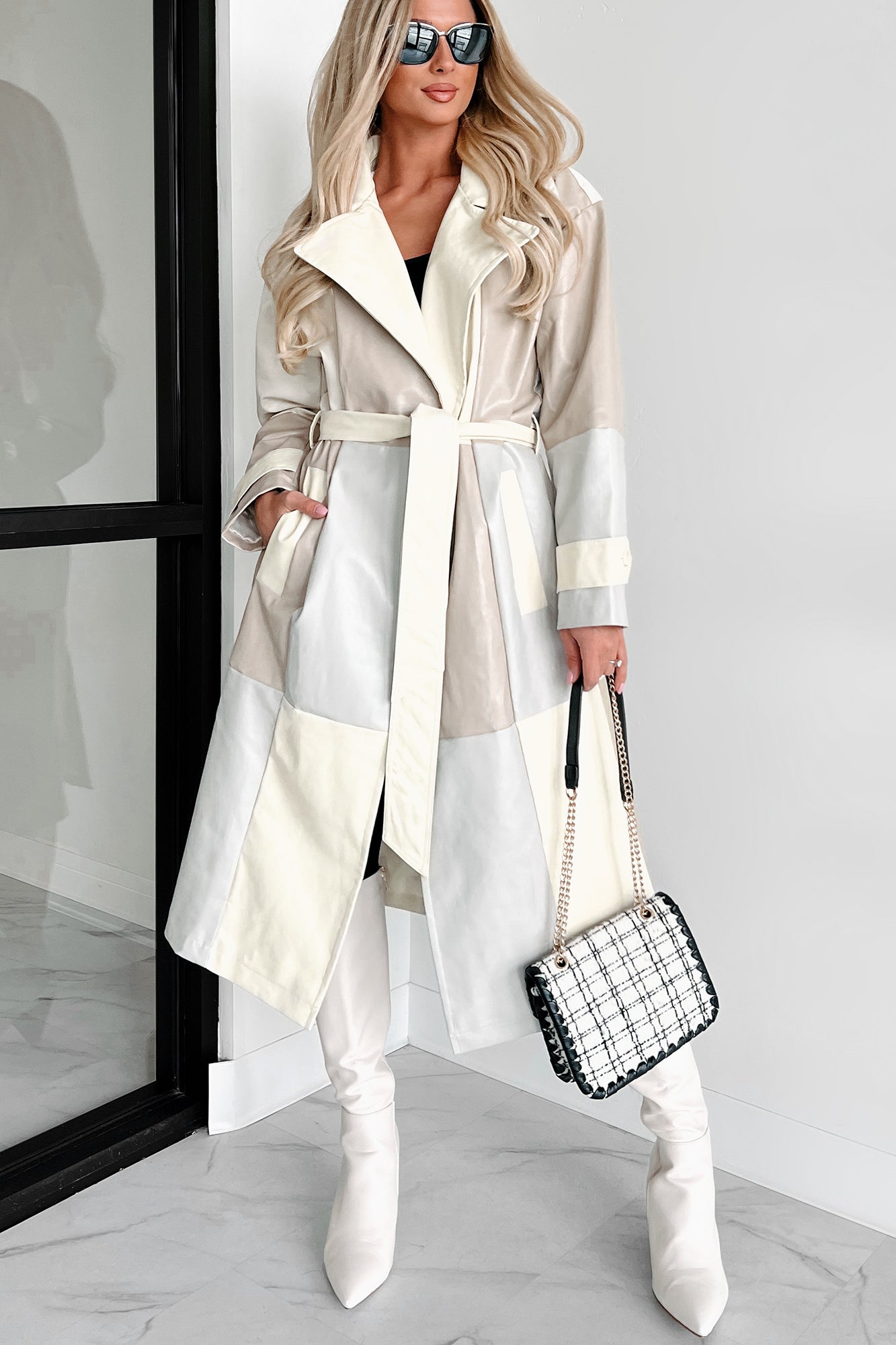Never Too Much Faux Leather Colorblock Trench Coat (Cream Combo)-The Formal Wear