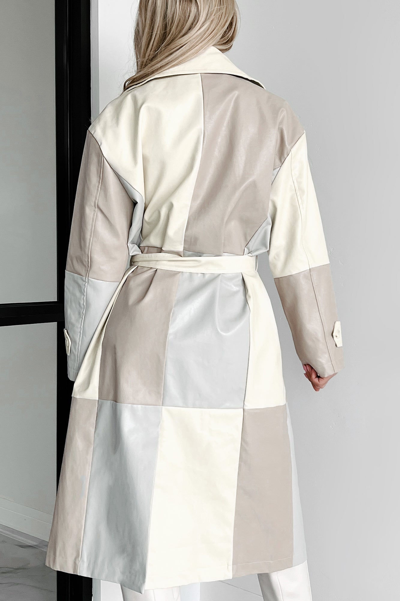 Never Too Much Faux Leather Colorblock Trench Coat (Cream Combo)-The Formal Wear