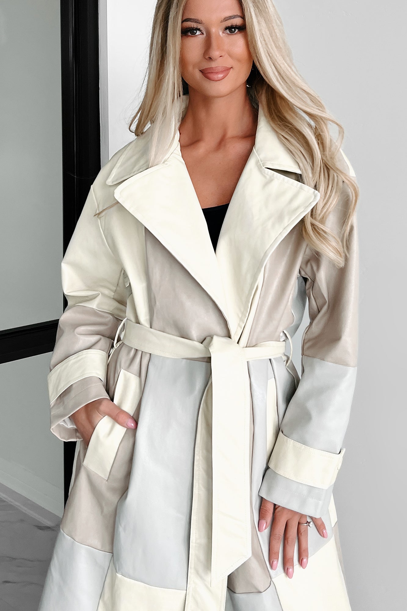 Never Too Much Faux Leather Colorblock Trench Coat (Cream Combo)-The Formal Wear