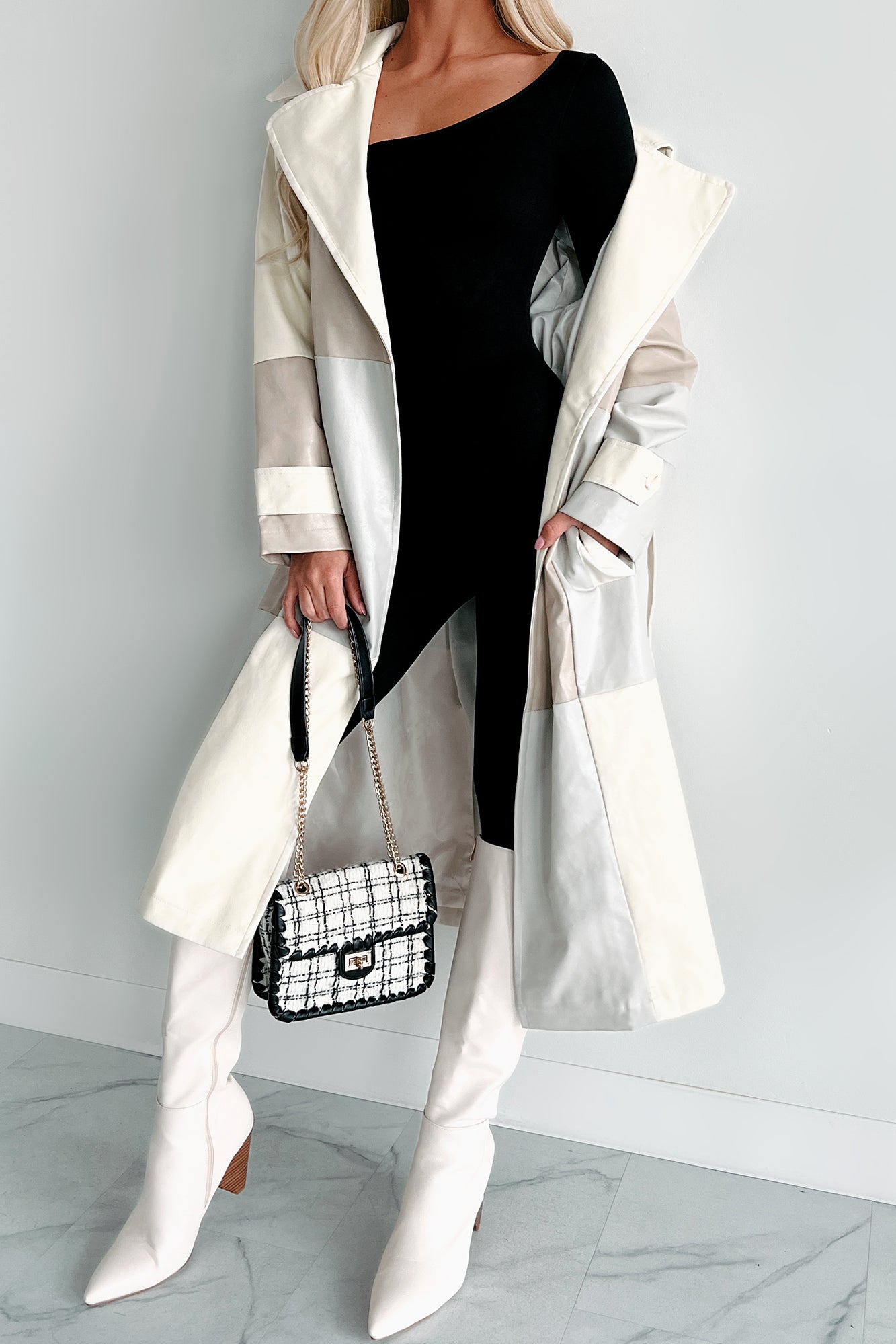 Never Too Much Faux Leather Colorblock Trench Coat (Cream Combo)-The Formal Wear