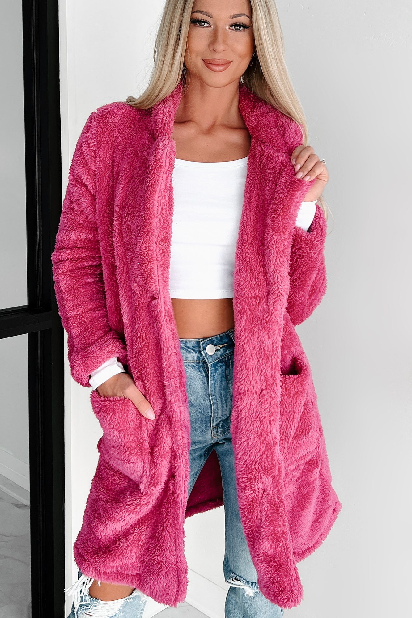 Doorbuster Main Attraction Long Sherpa Jacket (Magenta)-The Formal Wear