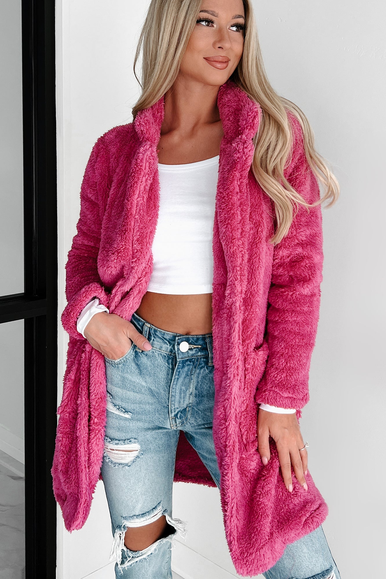 Doorbuster Main Attraction Long Sherpa Jacket (Magenta)-The Formal Wear
