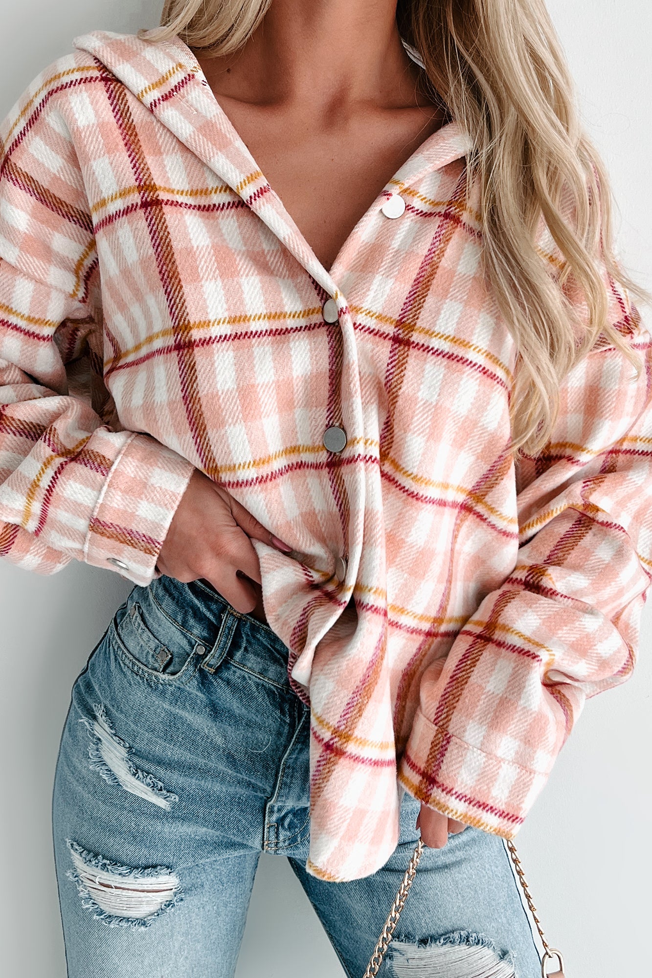 Doorbuster Out In The Pines Plaid Shacket (Pink Multi)-The Formal Wear