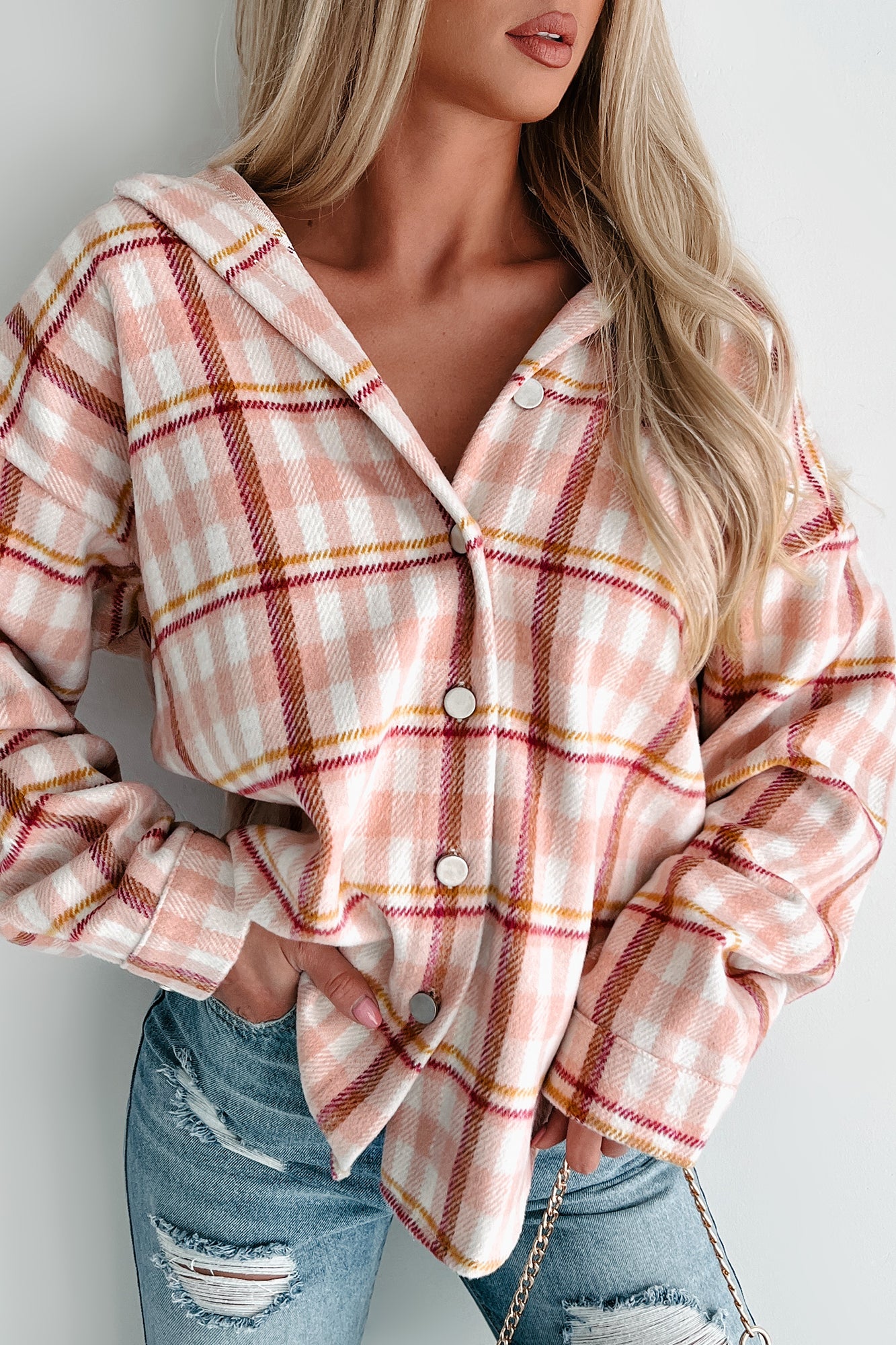 Doorbuster Out In The Pines Plaid Shacket (Pink Multi)-The Formal Wear