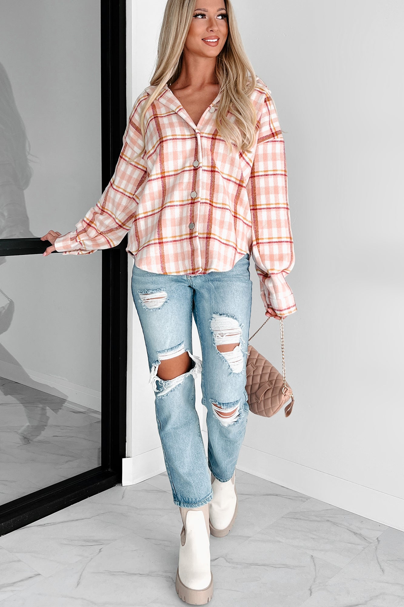 Doorbuster Out In The Pines Plaid Shacket (Pink Multi)-The Formal Wear