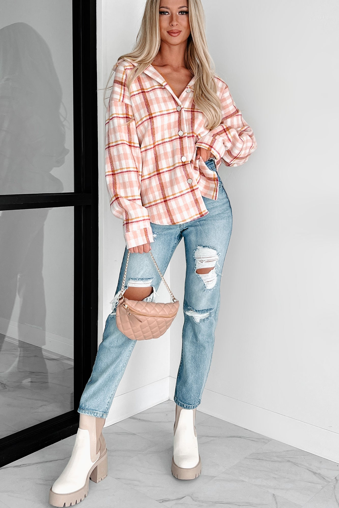 Doorbuster Out In The Pines Plaid Shacket (Pink Multi)-The Formal Wear