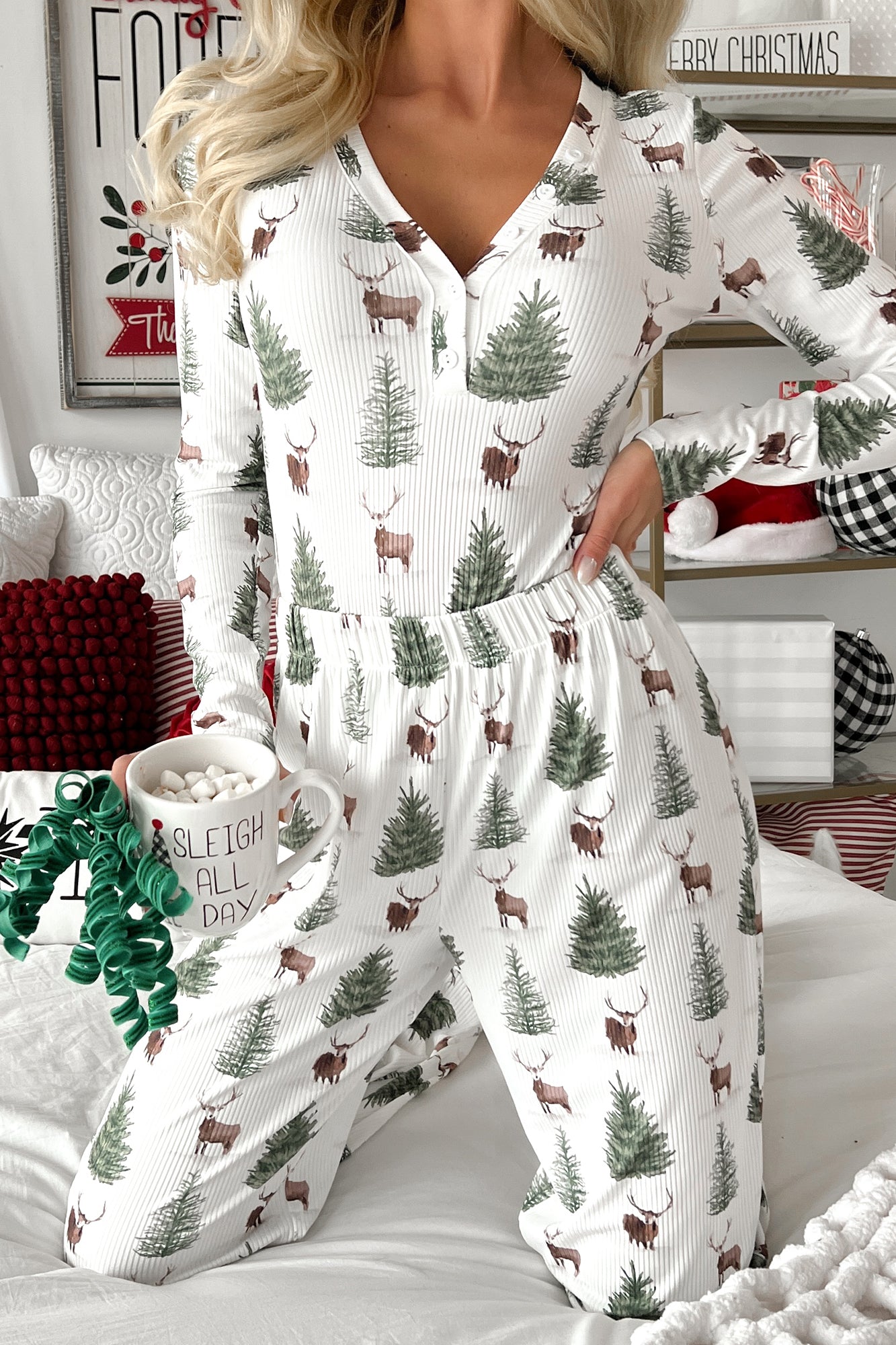 PREORDER Sugar Plum Dreams Ribbed Bodysuit Lounge Set (Tree Print) - Ships by 12/2-The Formal Wear