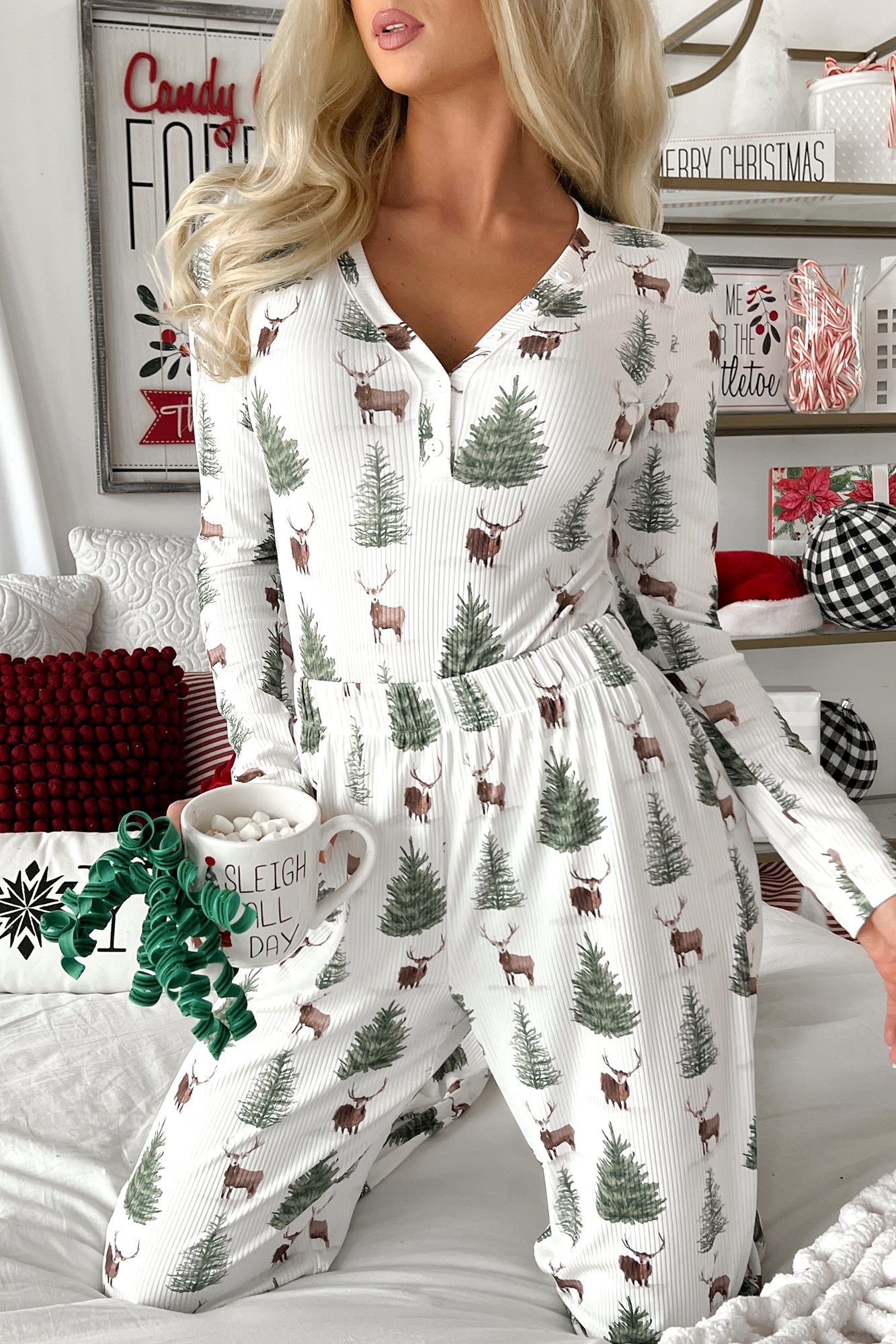 PREORDER Sugar Plum Dreams Ribbed Bodysuit Lounge Set (Tree Print) - Ships by 12/2-The Formal Wear