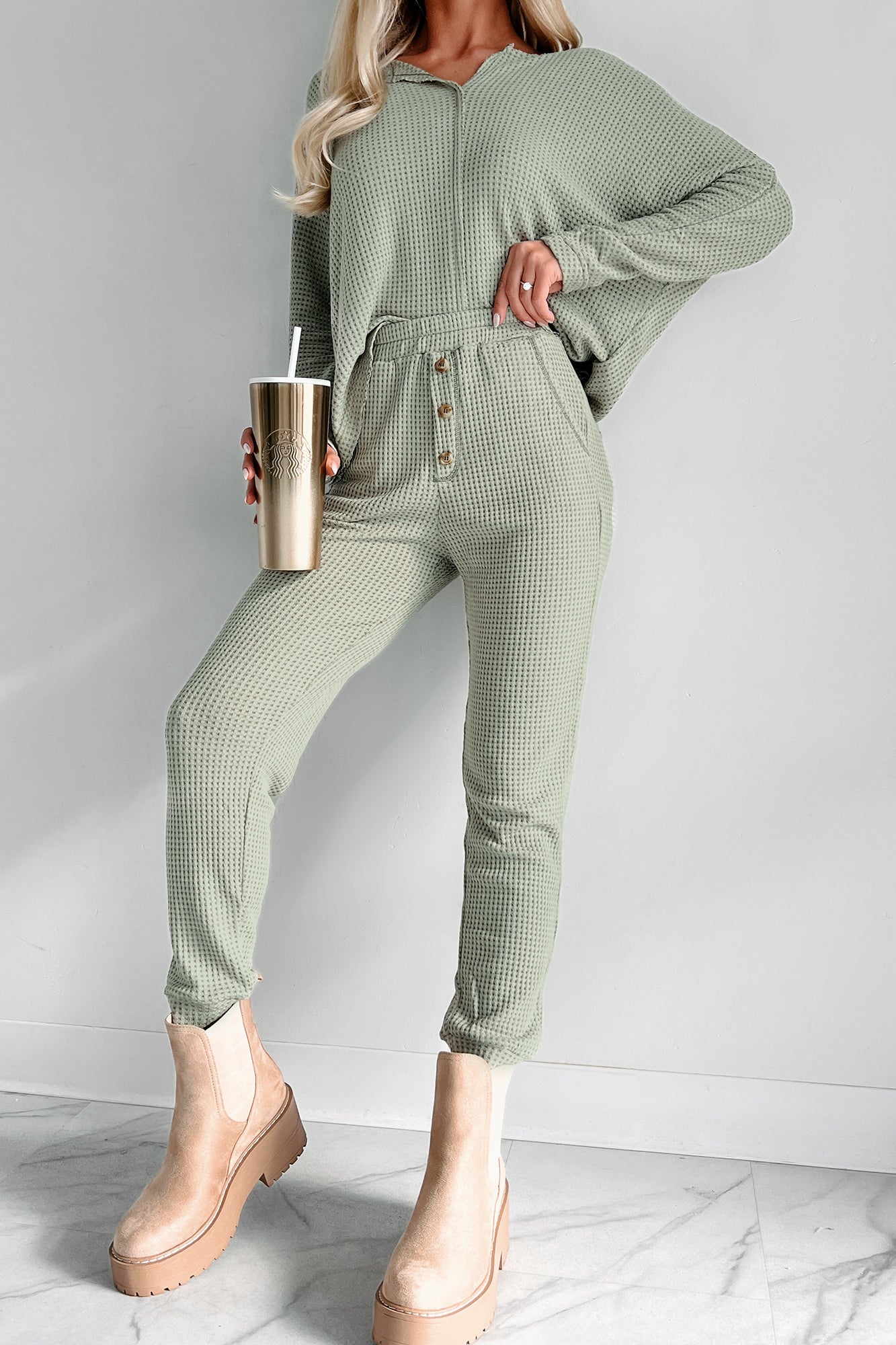 Doorbuster Movie Night Waffle Knit Lounge Set (Light Olive)-The Formal Wear