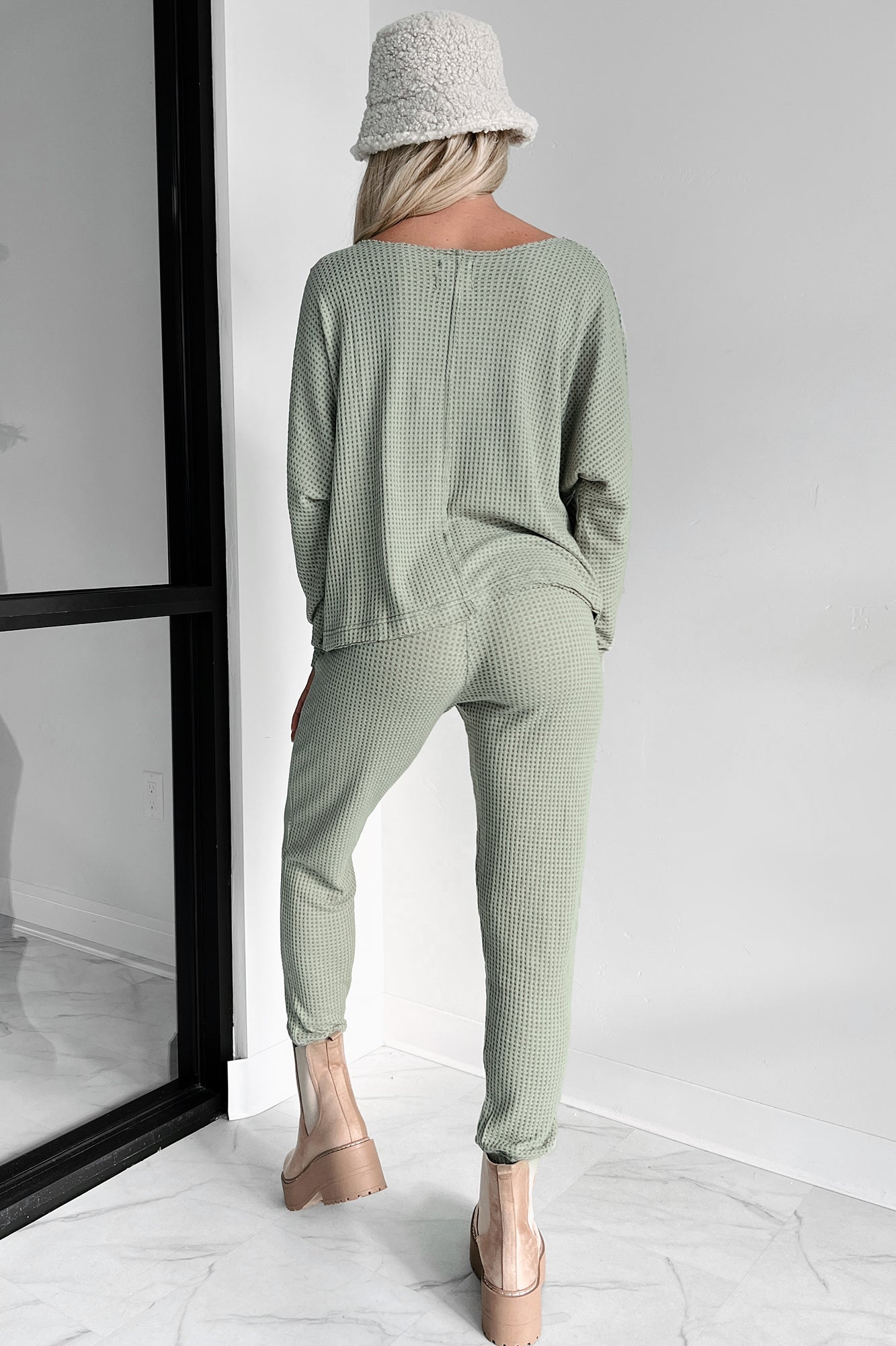 Doorbuster Movie Night Waffle Knit Lounge Set (Light Olive)-The Formal Wear