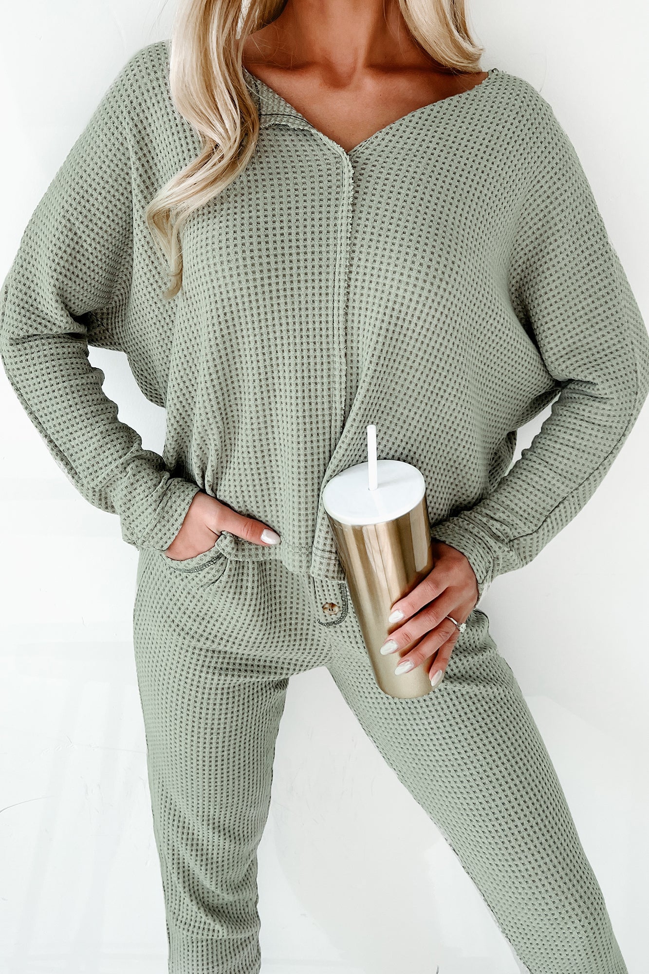 Doorbuster Movie Night Waffle Knit Lounge Set (Light Olive)-The Formal Wear
