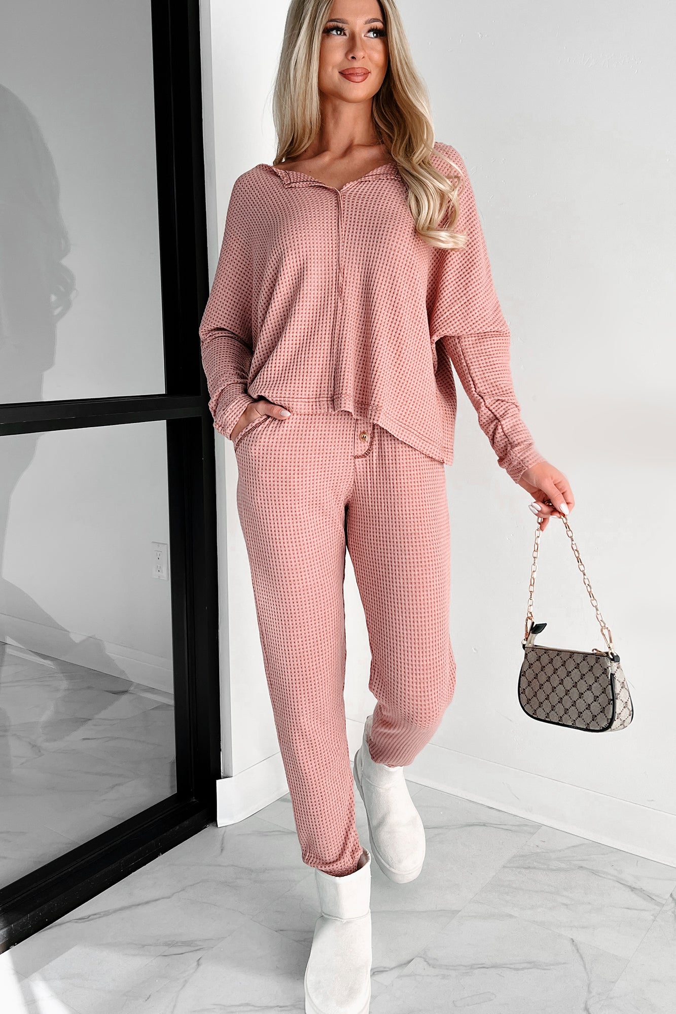 Doorbuster Movie Night Waffle Knit Lounge Set (Sienna)-The Formal Wear