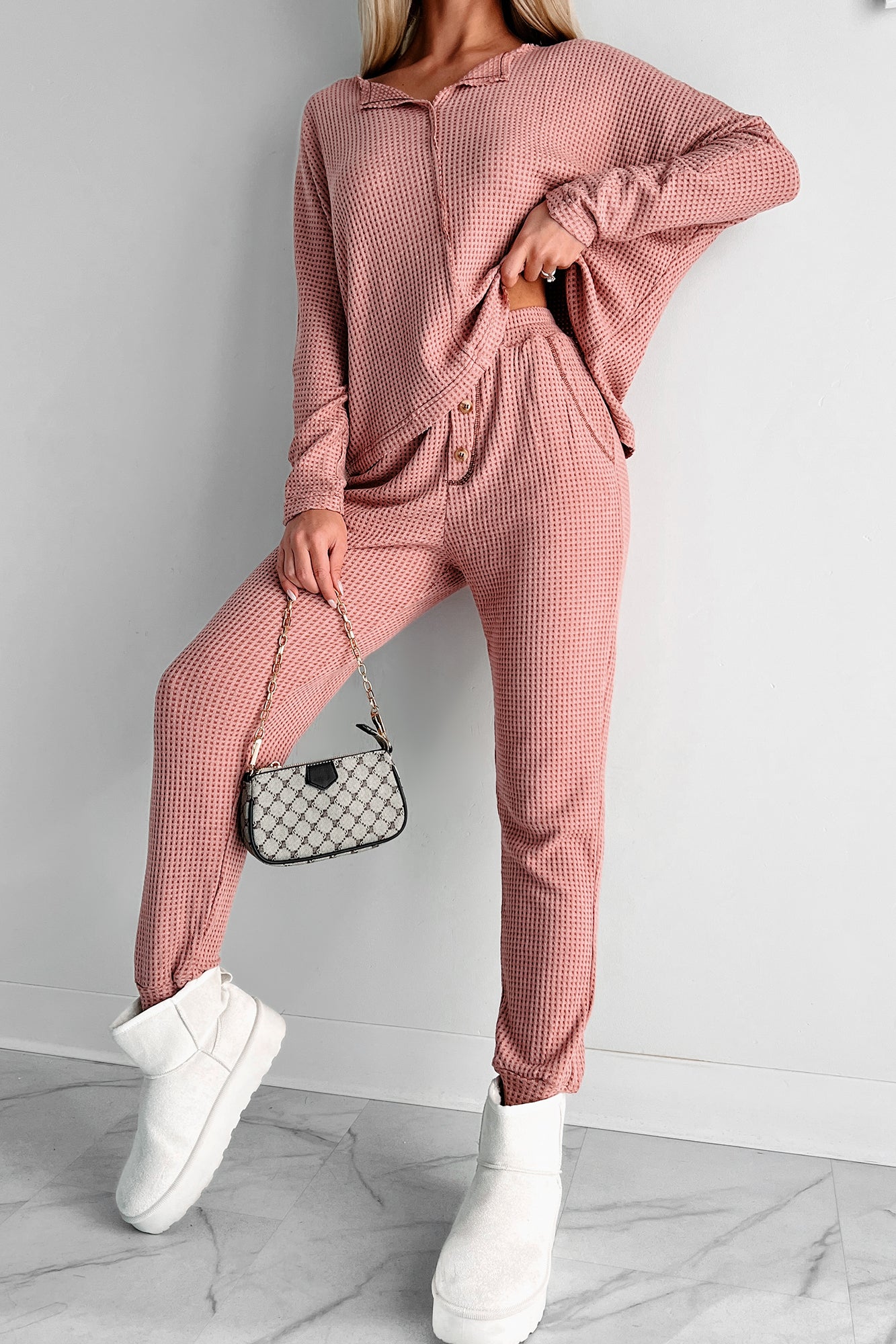 Doorbuster Movie Night Waffle Knit Lounge Set (Sienna)-The Formal Wear