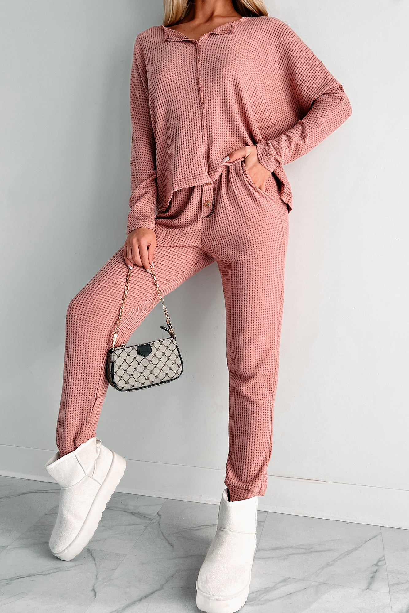 Doorbuster Movie Night Waffle Knit Lounge Set (Sienna)-The Formal Wear