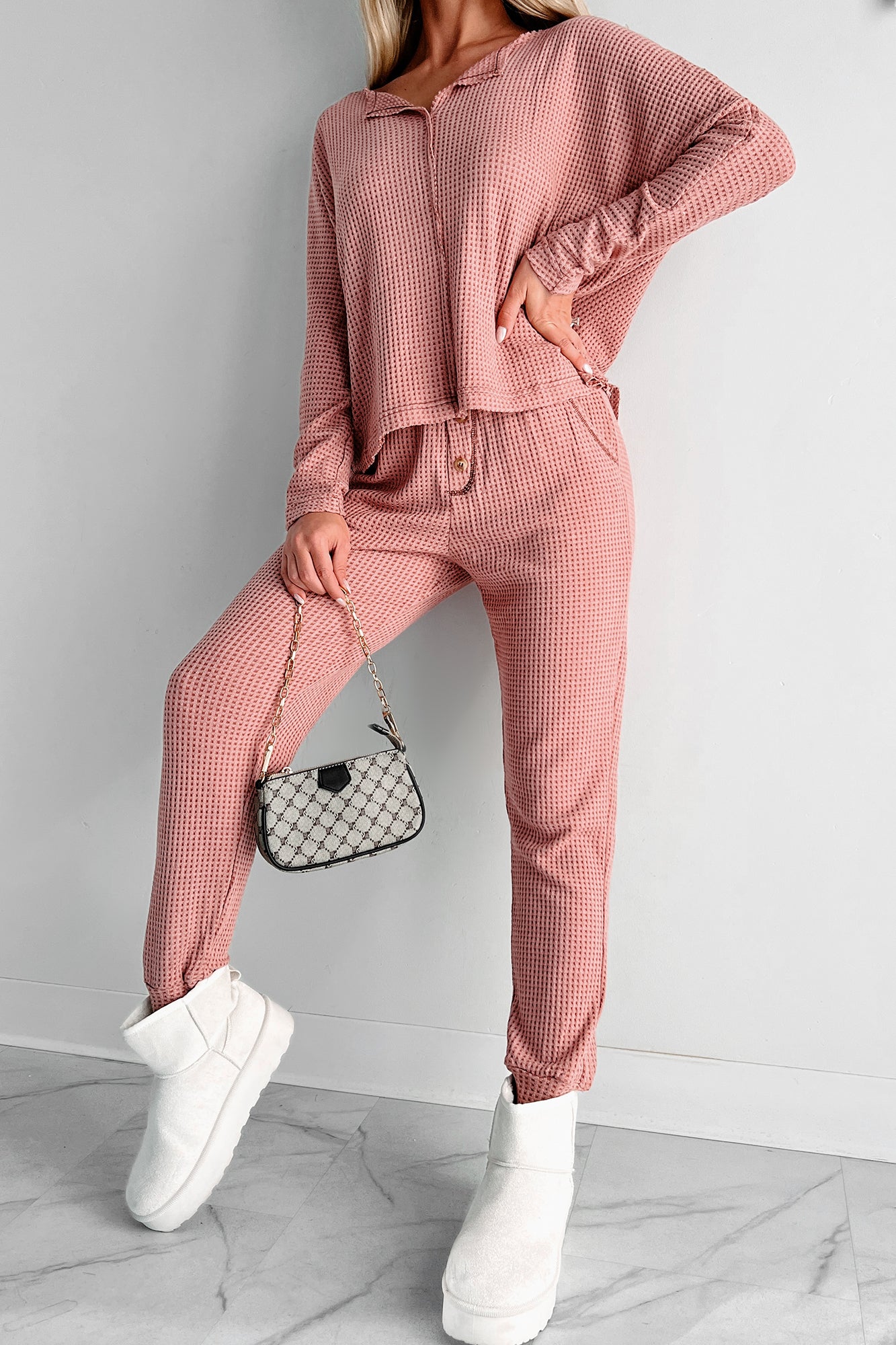 Doorbuster Movie Night Waffle Knit Lounge Set (Sienna)-The Formal Wear