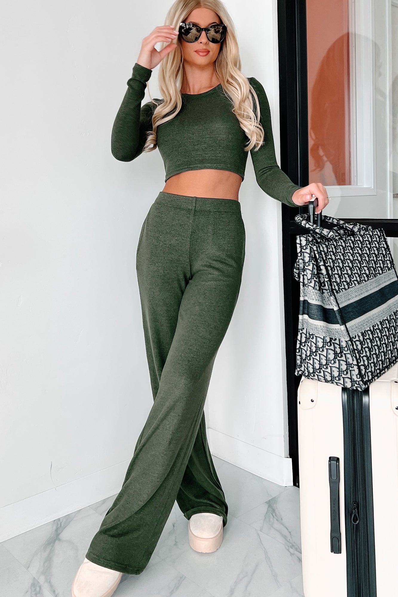 Asa Heathered Knit Crop Top & Pants Set (Olive)-The Formal Wear