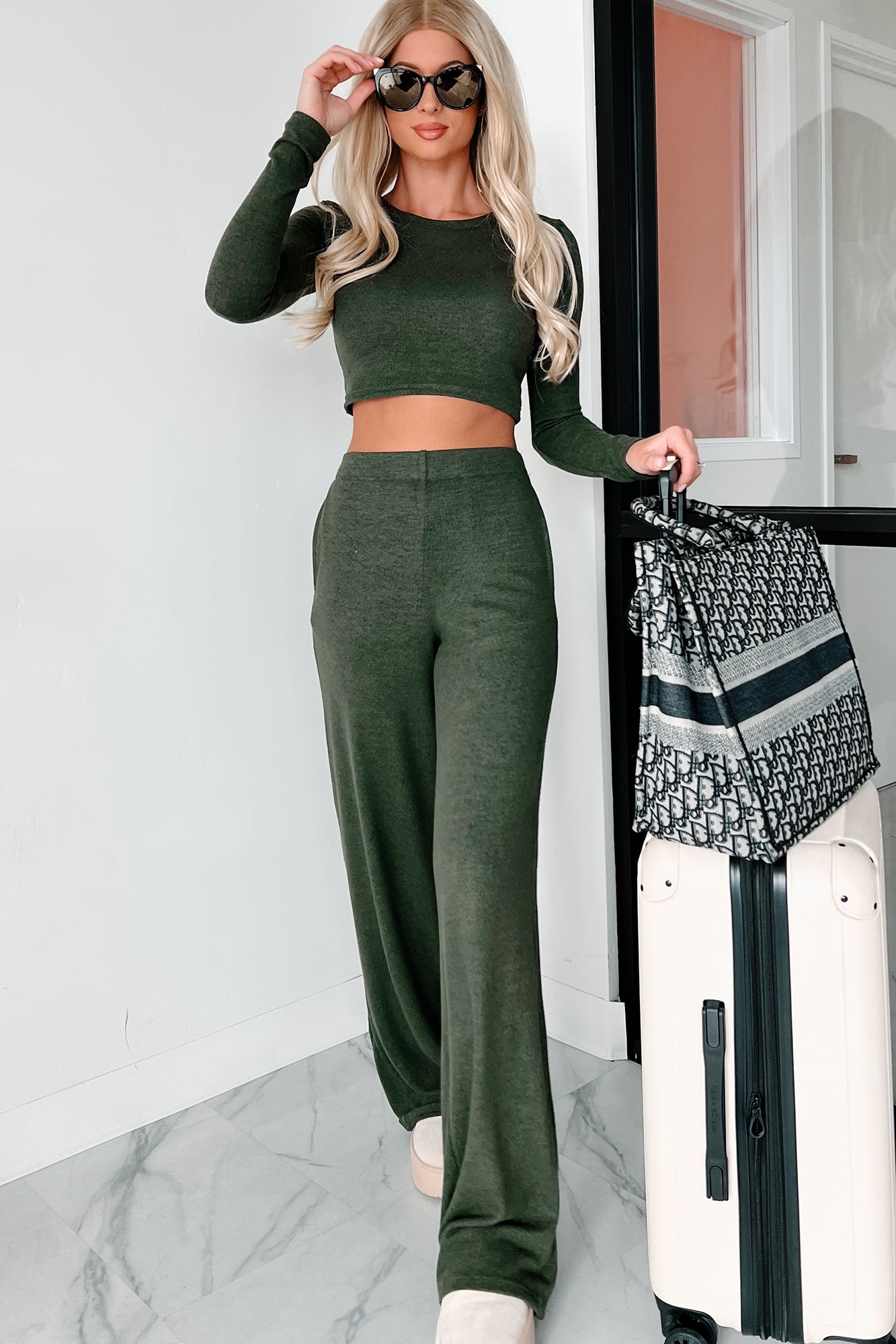 Asa Heathered Knit Crop Top & Pants Set (Olive)-The Formal Wear