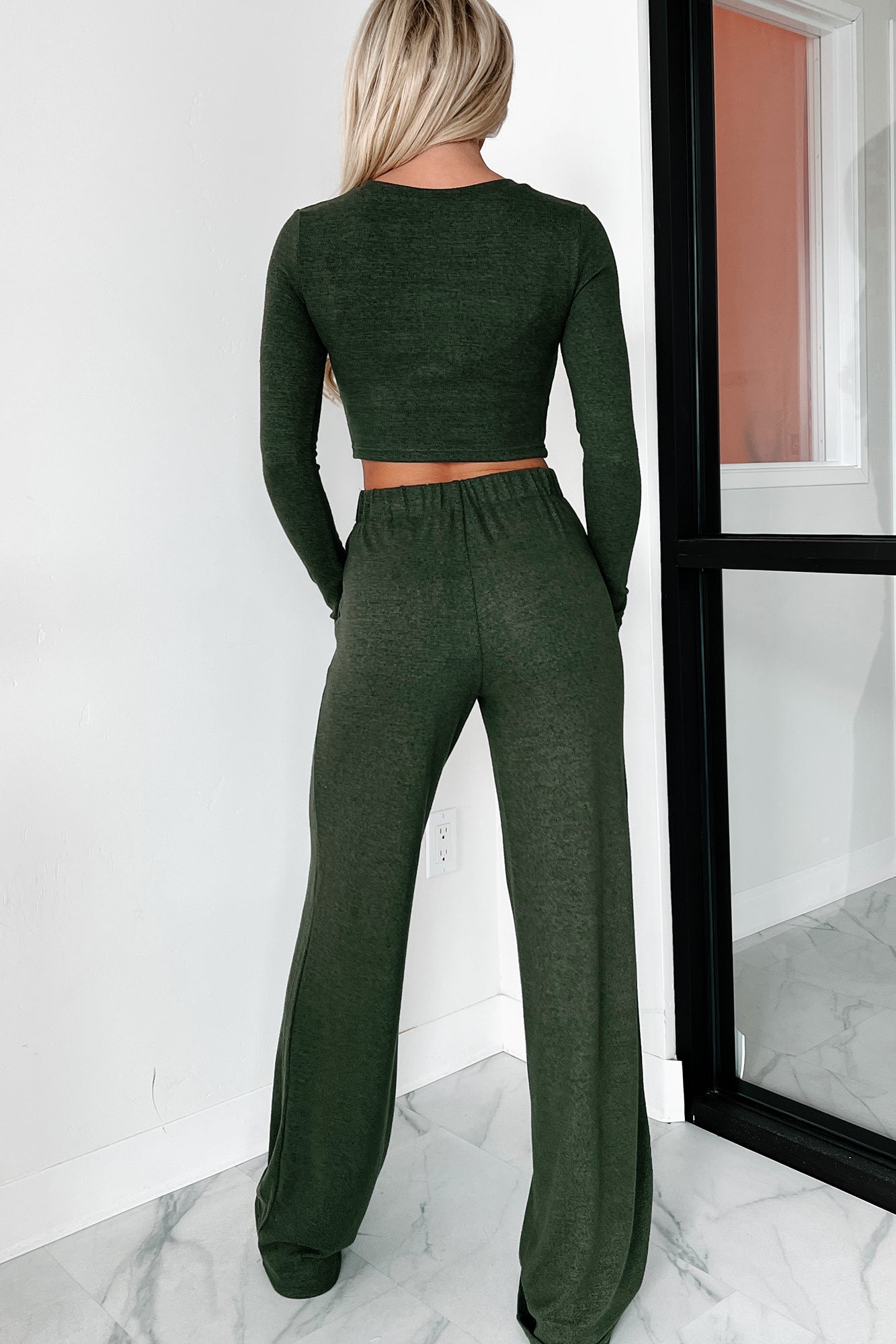 Asa Heathered Knit Crop Top & Pants Set (Olive)-The Formal Wear