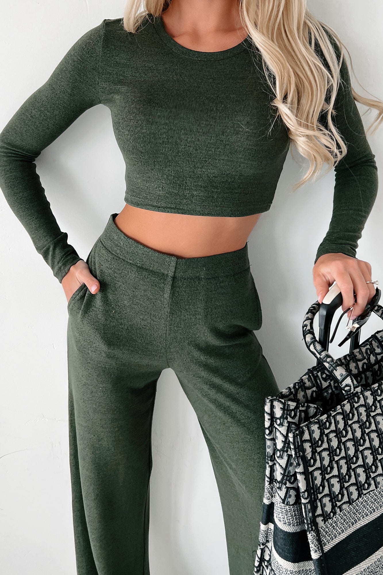 Asa Heathered Knit Crop Top & Pants Set (Olive)-The Formal Wear