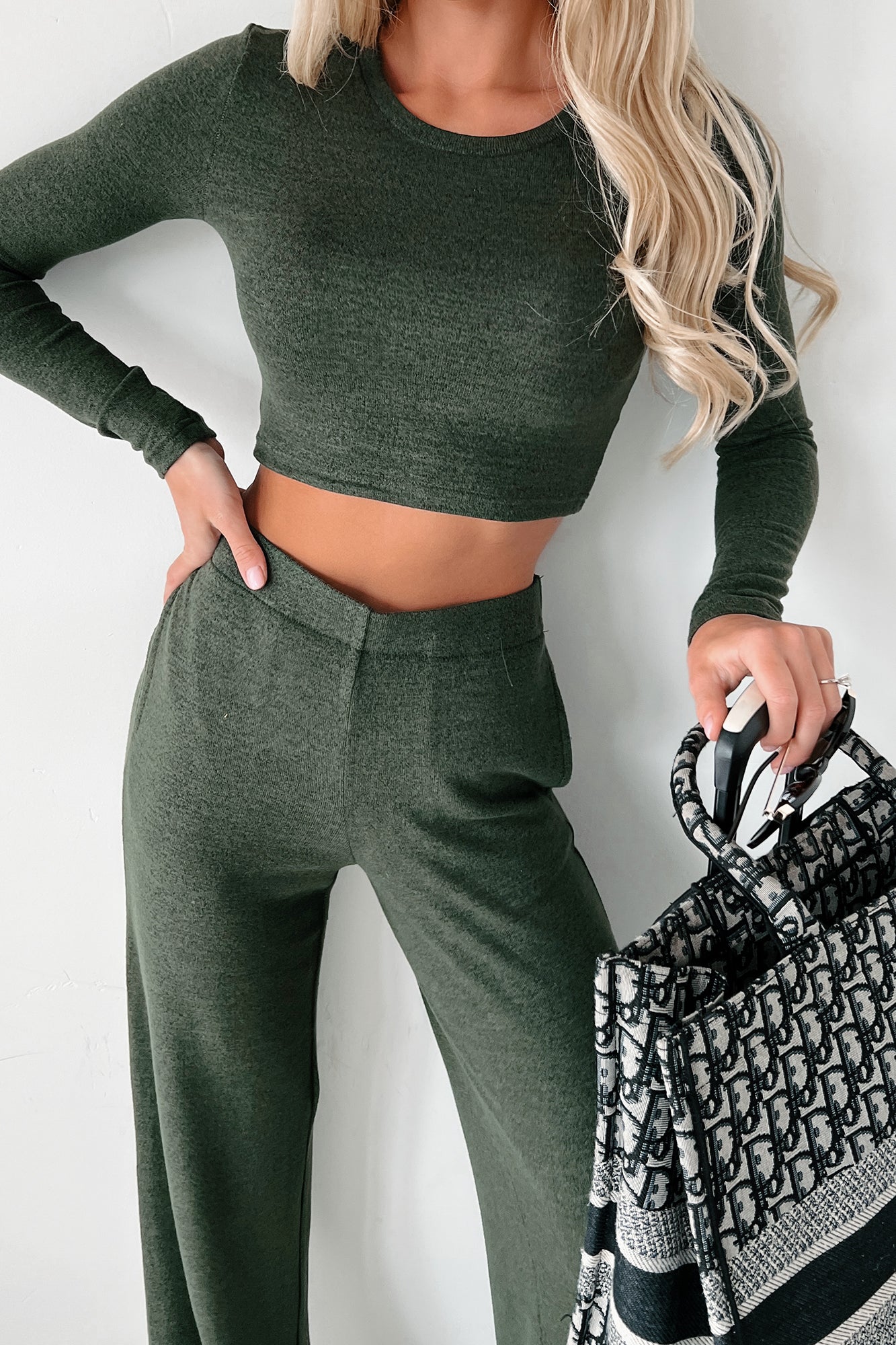 Asa Heathered Knit Crop Top & Pants Set (Olive)-The Formal Wear