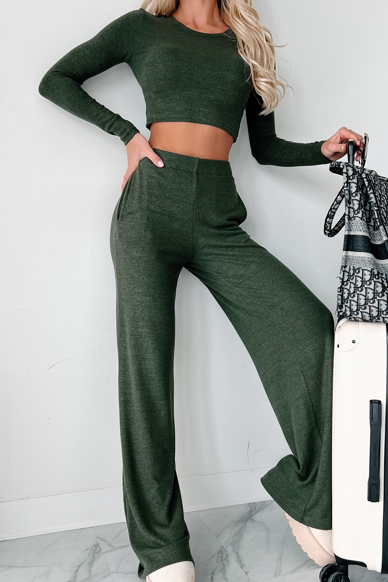Asa Heathered Knit Crop Top & Pants Set (Olive)-The Formal Wear