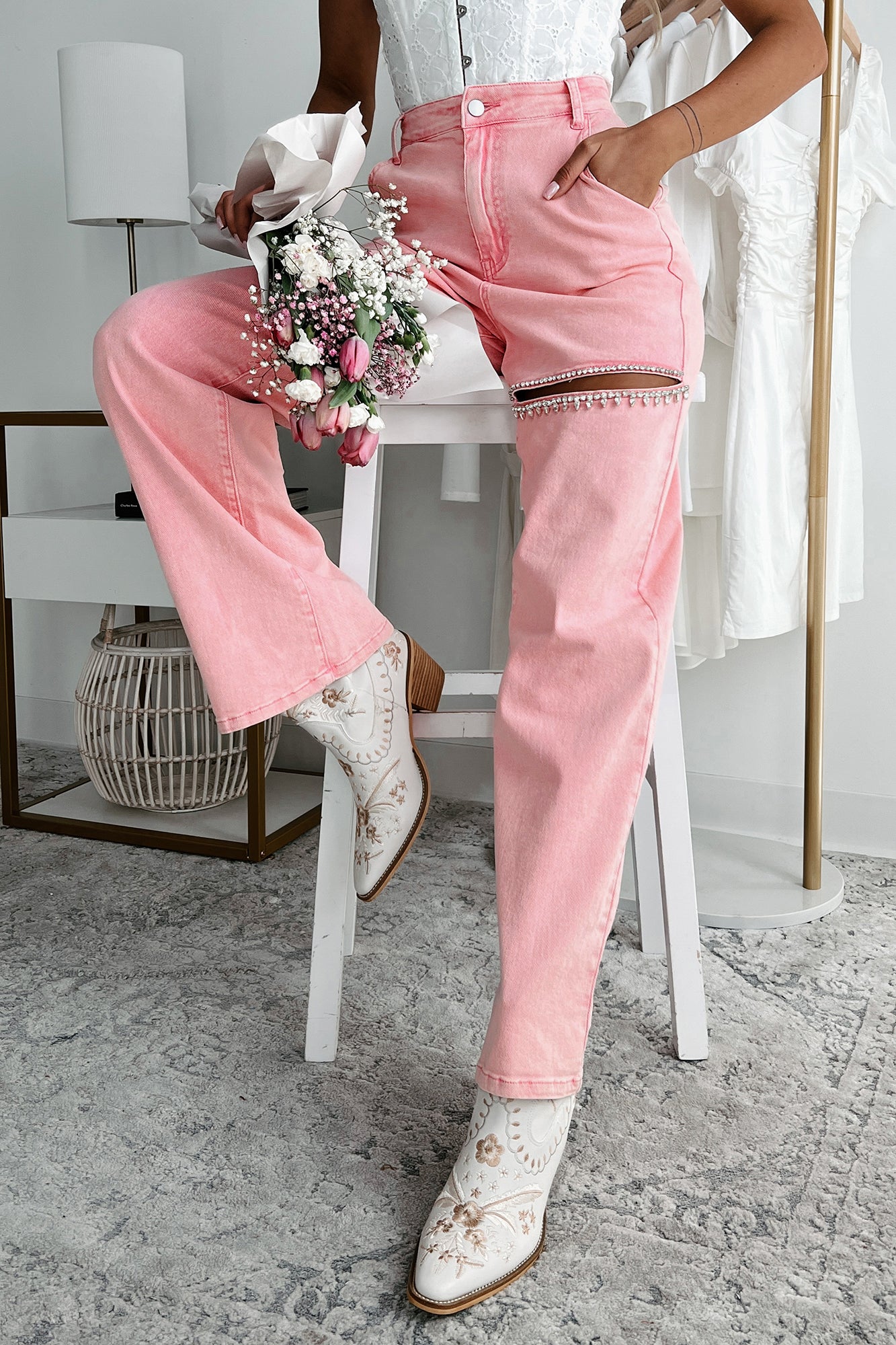Blowing Your Mind Slit-Front Wide Leg Rhinestone Jeans (Pink)-The Formal Wear